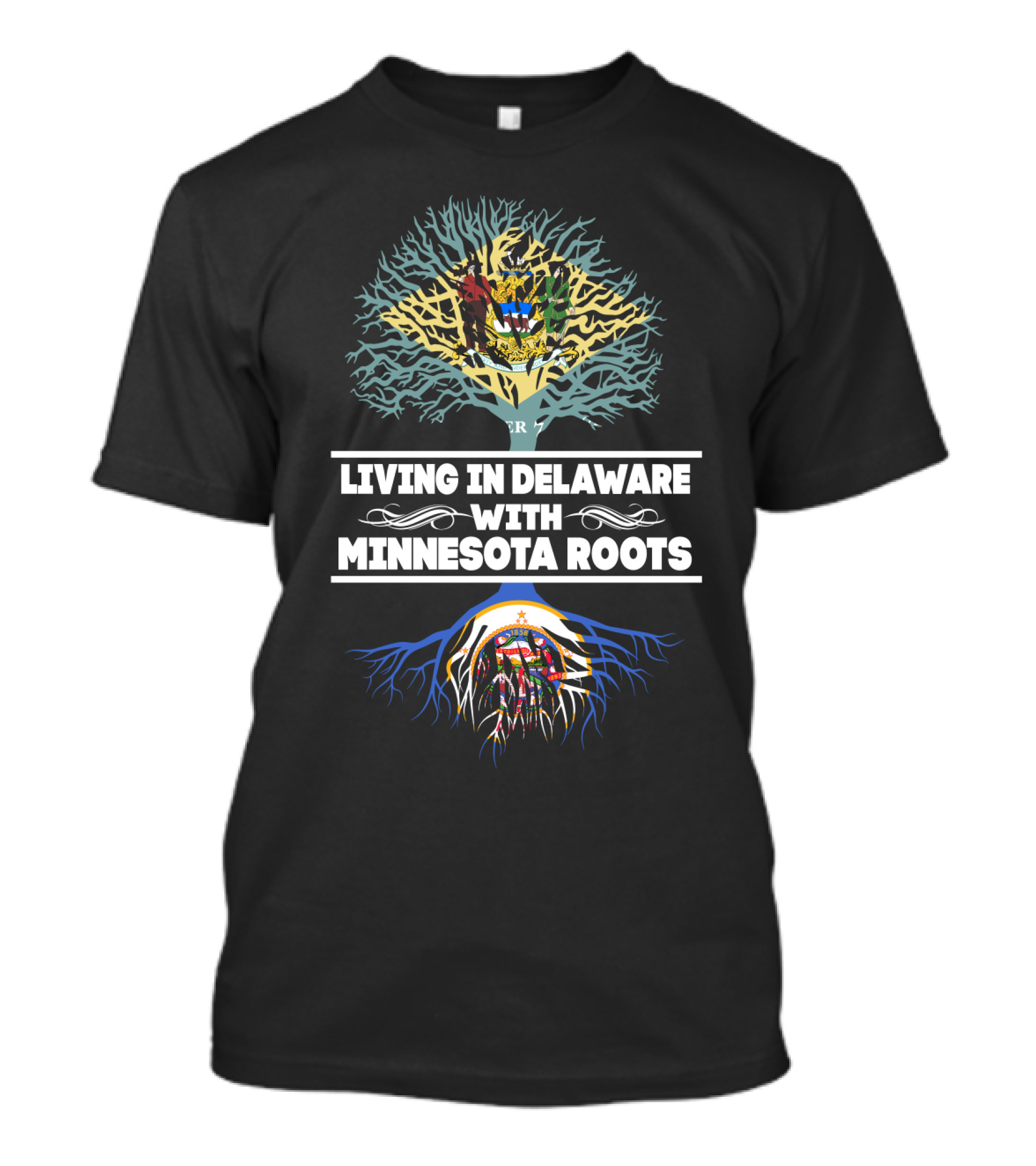 Delaware Resident Embracing Minnesota Heritage With State Flag Roots Tree T-Shirt