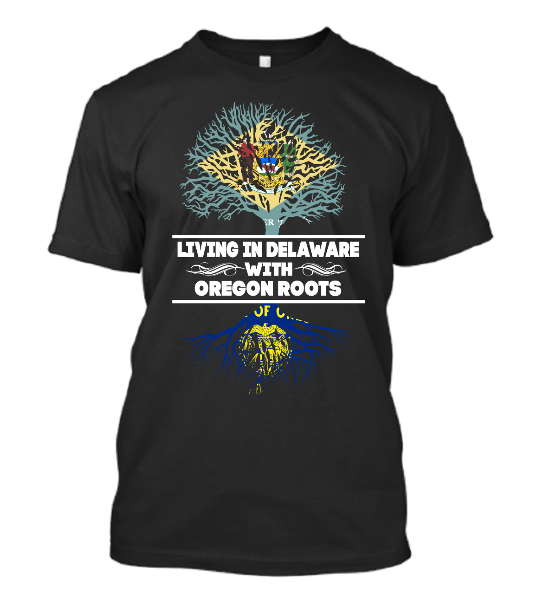 Living In Delaware With Oregon Roots Featuring State Symbols And Tree T-Shirt