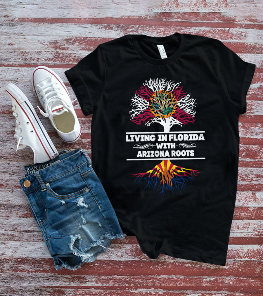 Living In Florida With Arizona Roots Tree Graphic Featuring Florida State Flag And Arizona State Flag Colors T-Shirt