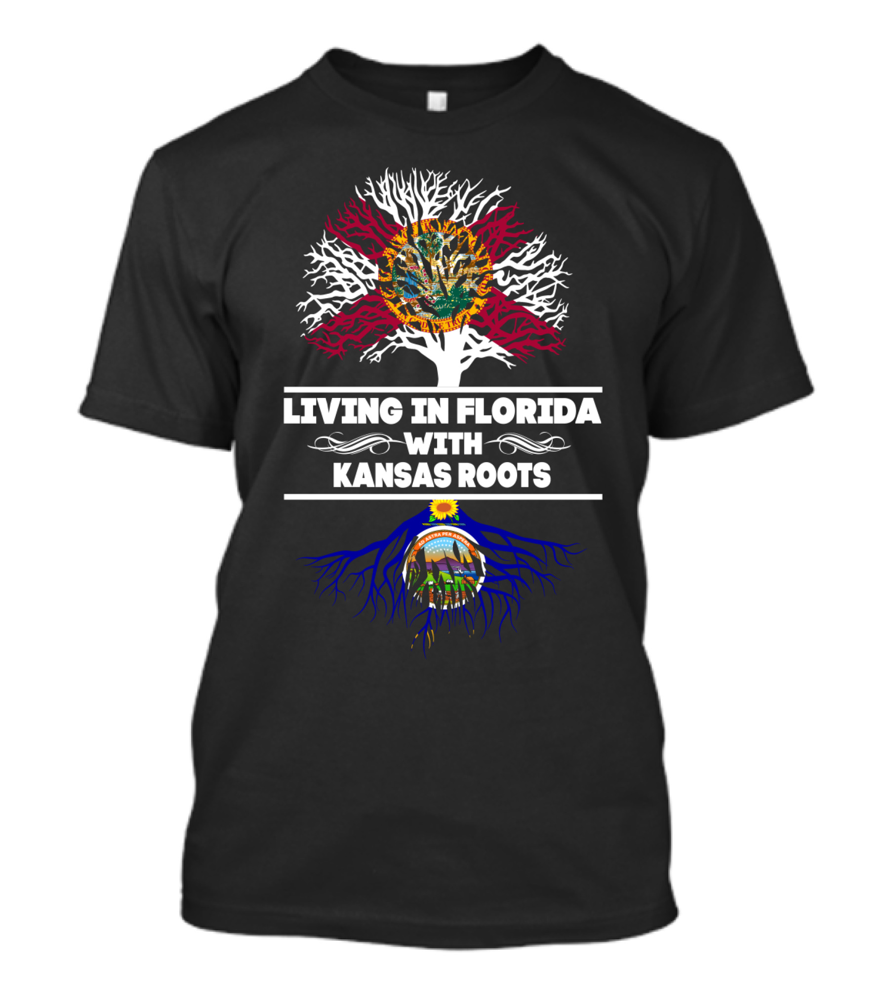 Living In Florida With Kansas Roots Tree Design Featuring State Flags T-Shirt