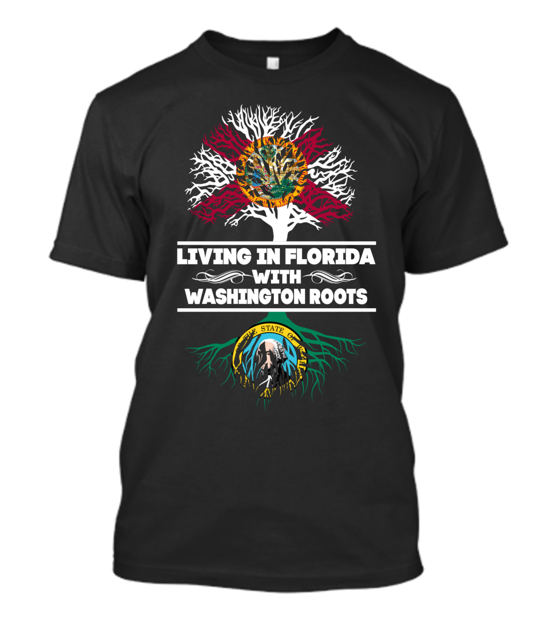 Florida Resident With Strong Washington Heritage Illustrated By State Flags And Tree Roots T-Shirt