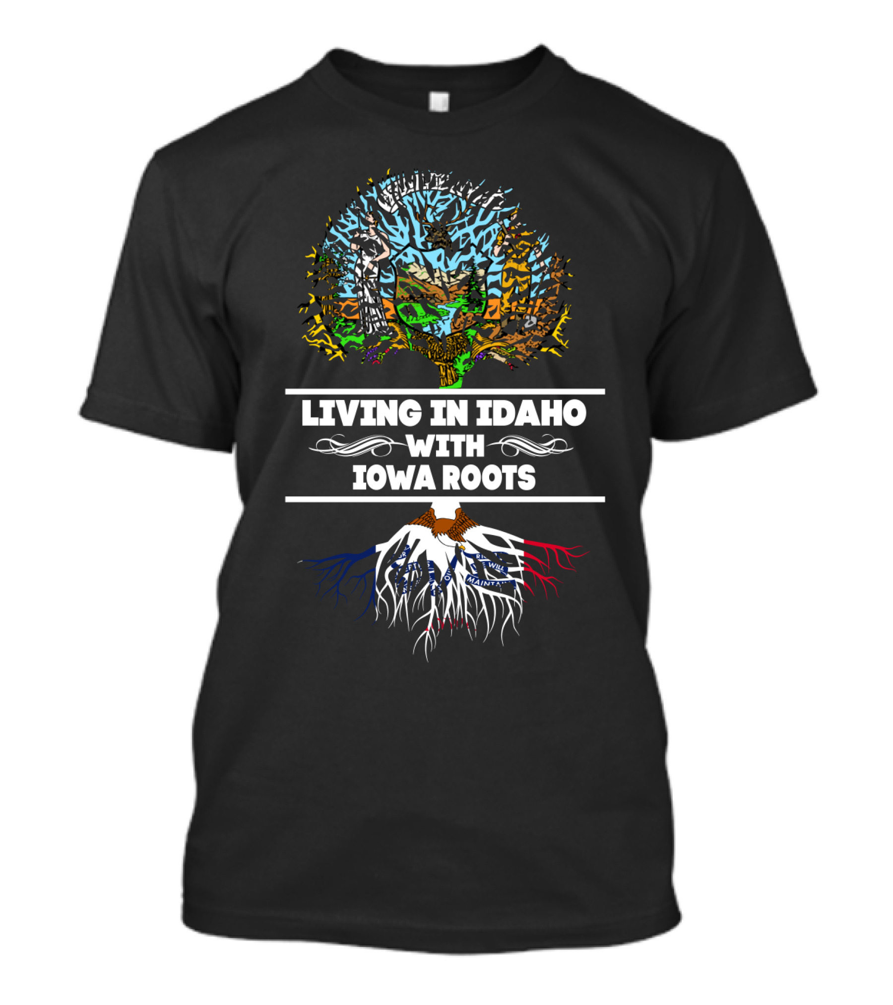 Living In Idaho With Iowa Roots Tree Design Featuring State Maps And Colors T-Shirt
