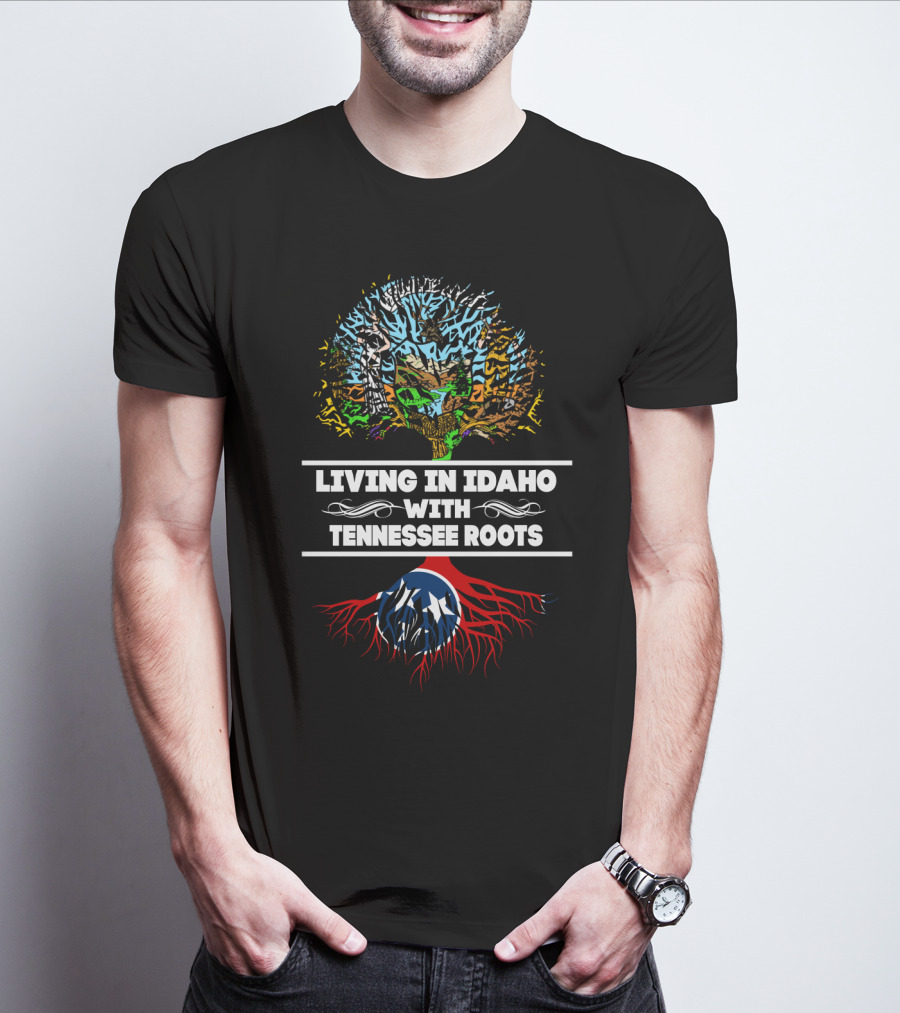 Living In Idaho Embracing Tennessee Roots With Iconic Flag And Vibrant Tree T-Shirt