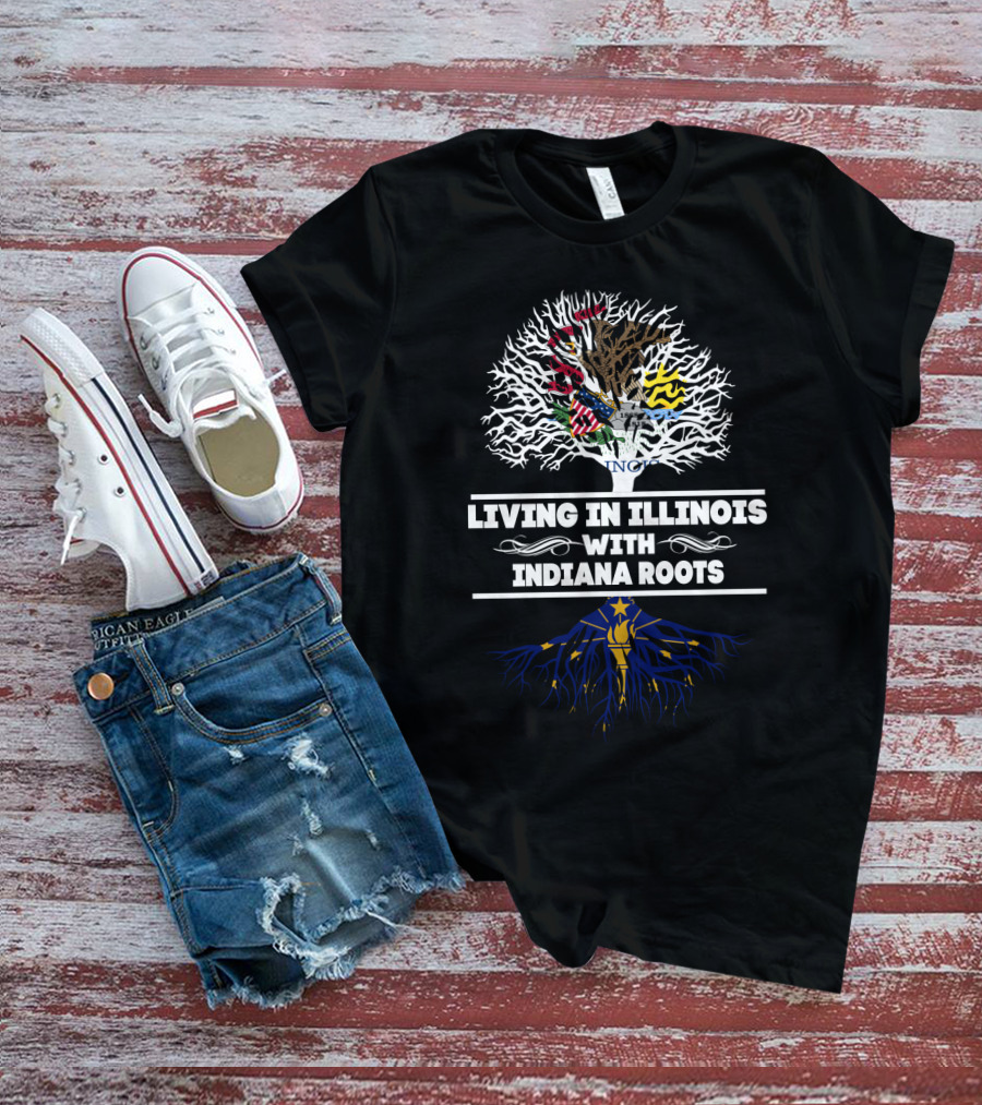 Illinois Living With Indiana State Flag Roots Tree T-Shirt