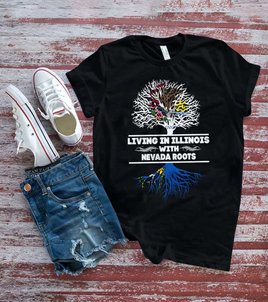 Living In Illinois With Proud Nevada Roots Tree Design Featuring State Symbols T-Shirt