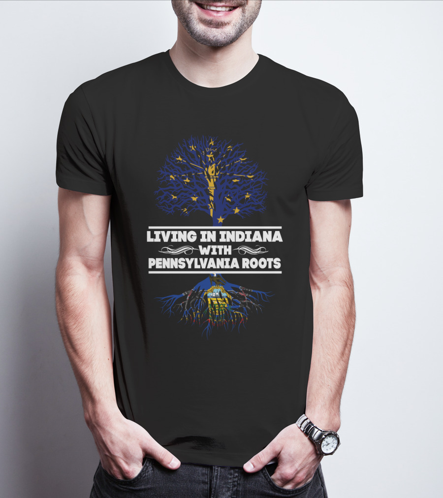 Living In Indiana With Pennsylvania Roots Tree Design Featuring State Symbols T-Shirt