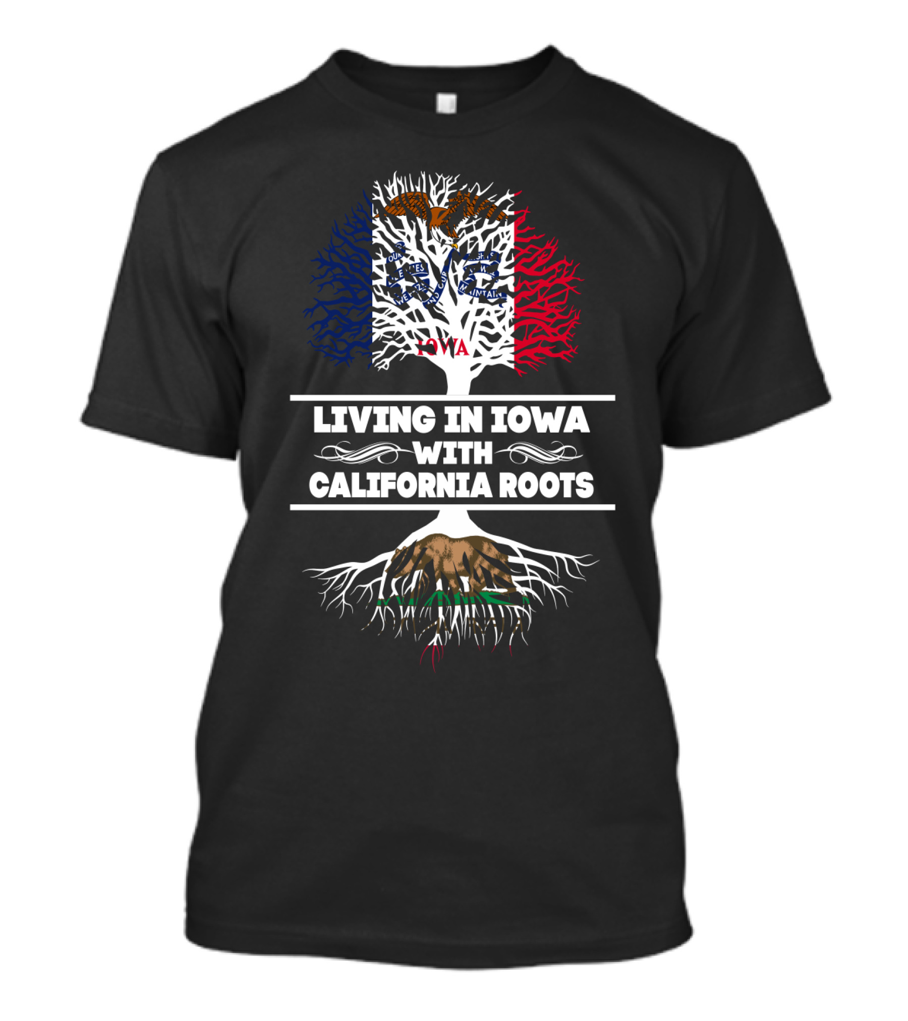 Iowa Living Embraced By Deep California Roots With State Flag Tree Symbolism T-Shirt