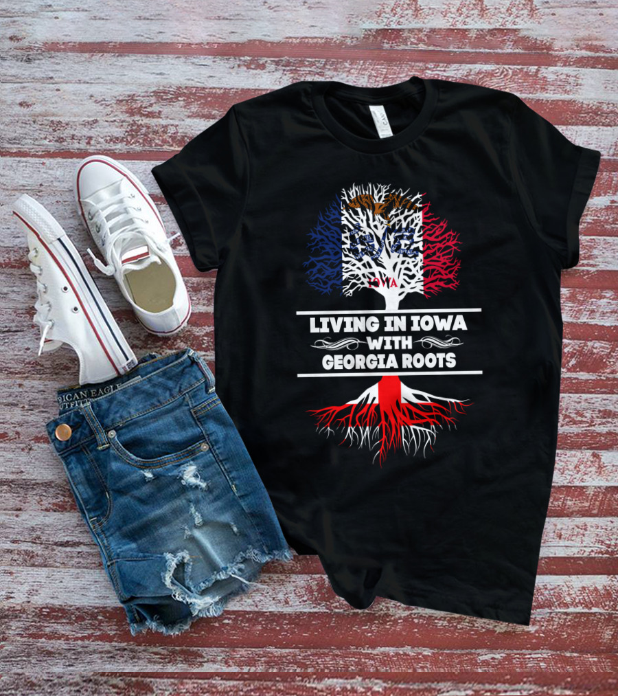 Iowa Pride Tree With Georgia Heritage Roots And State Flag T-Shirt