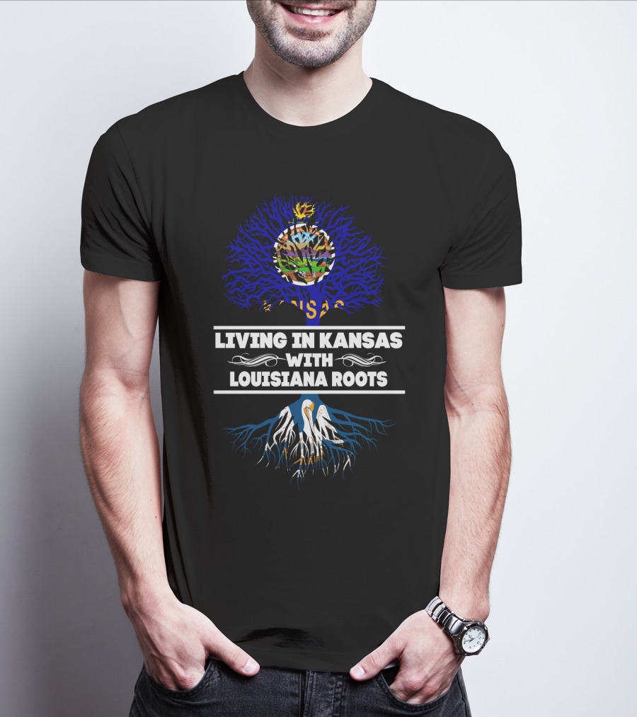 Living In Kansas With Vibrant Louisiana Tree Roots And State Connection T-Shirt