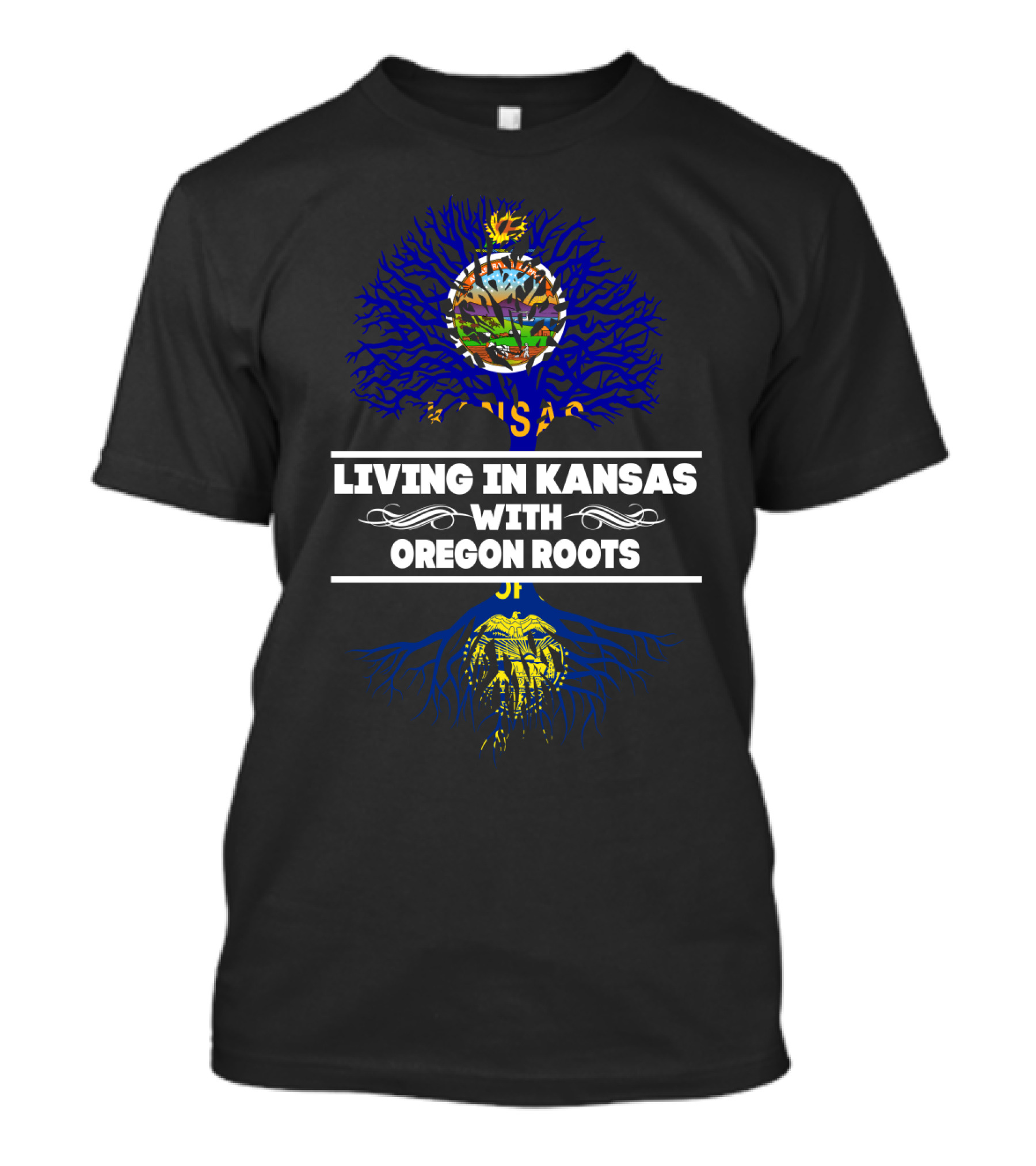 Living In Kansas Embracing Oregon Roots With State Flag Symbolism T-Shirt