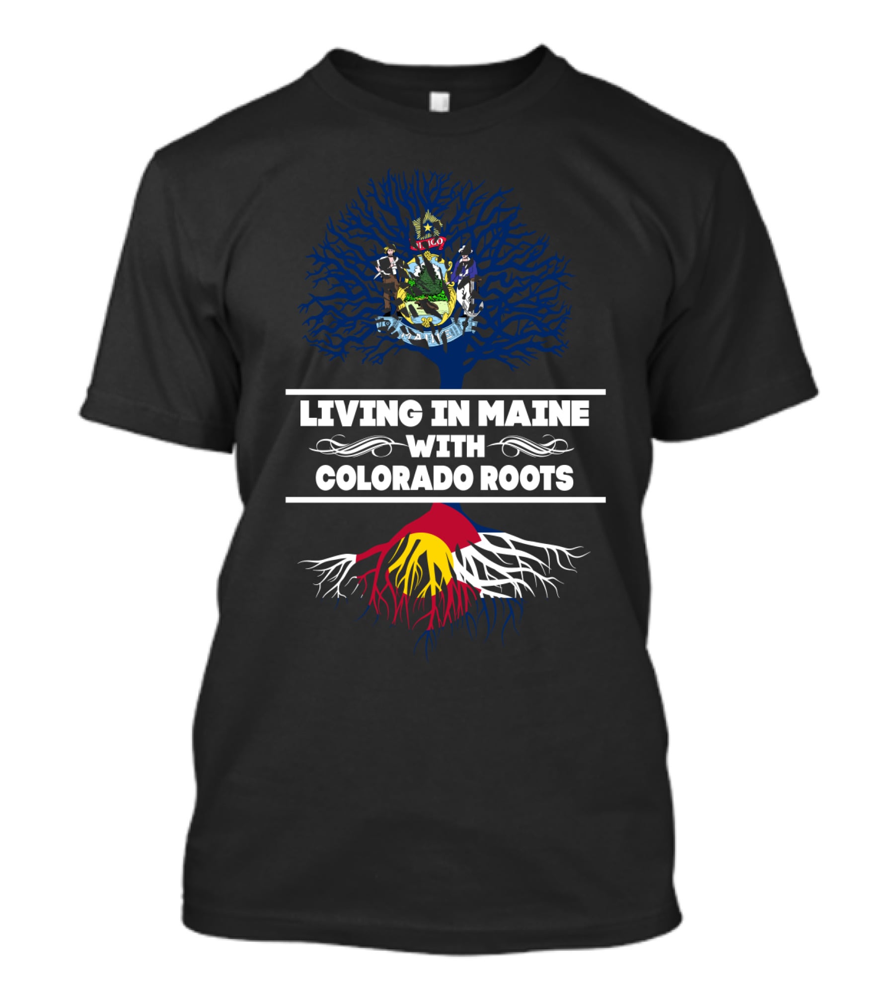 Maine State Seal Tree Top Colorado Flag Roots T-Shirt