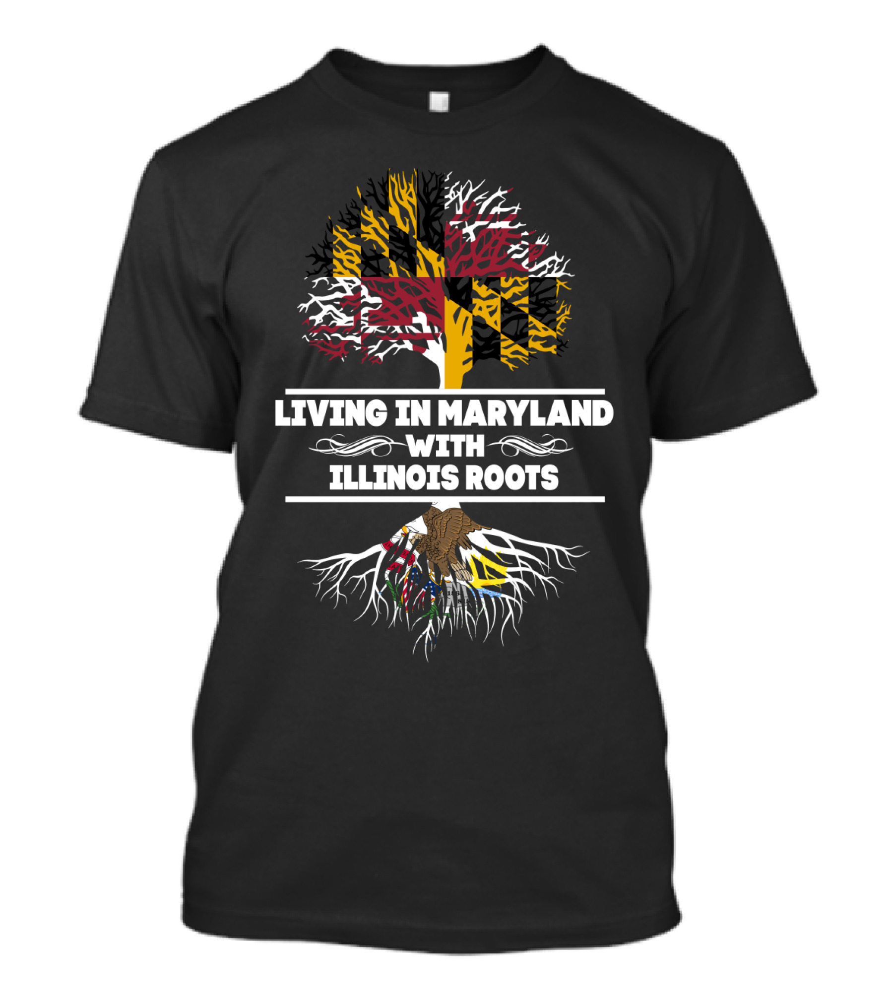 Living In Maryland With Illinois Roots Maryland Flag Tree T-Shirt