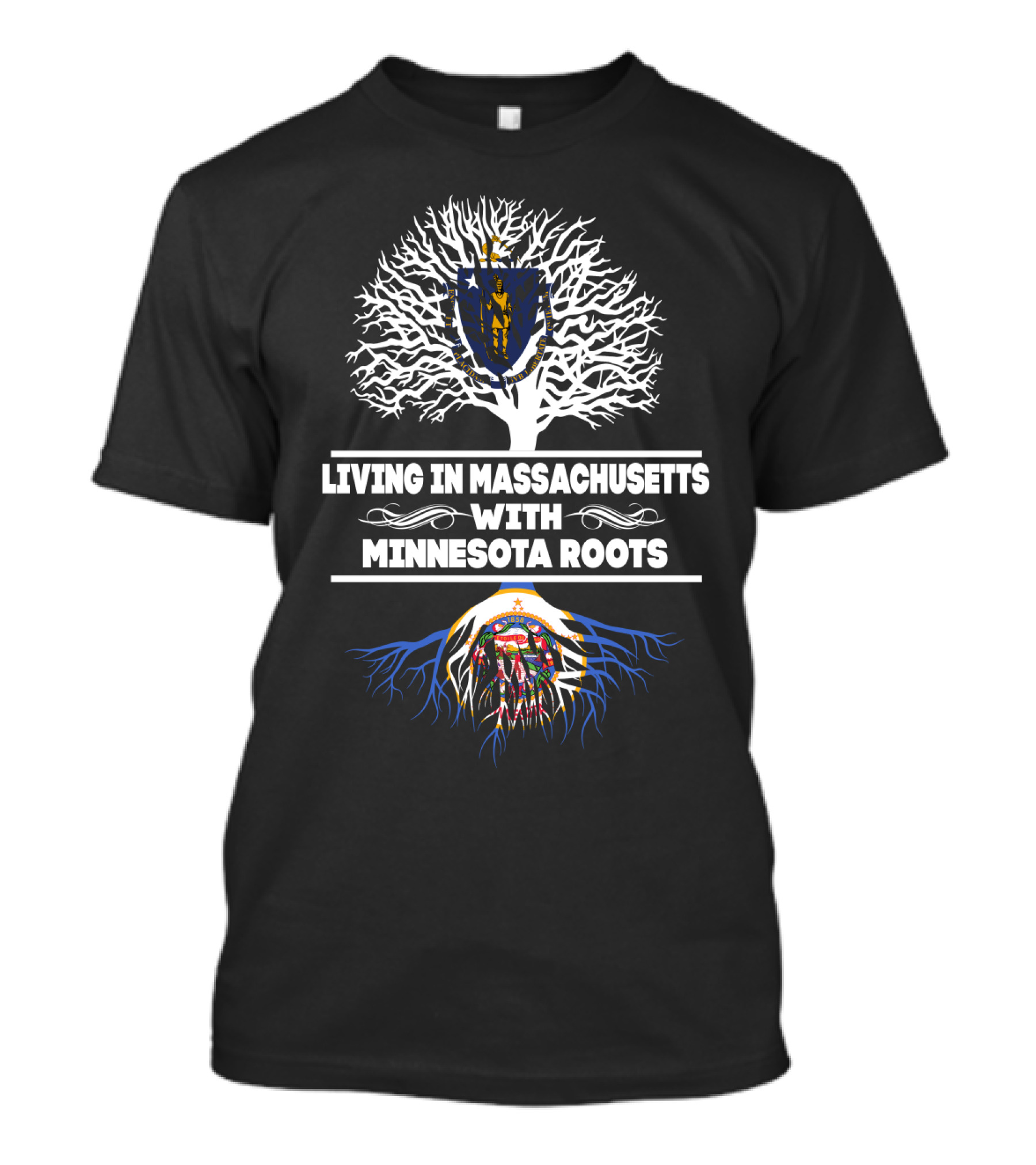 Living In Massachusetts Displaying Proud Minnesota Roots With State Symbols In Tree T-Shirt