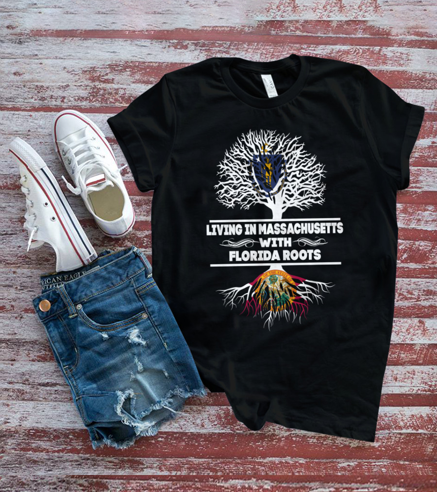 Proudly Living In Massachusetts Symbolizing Florida Roots With State Seals And Tree T-Shirt