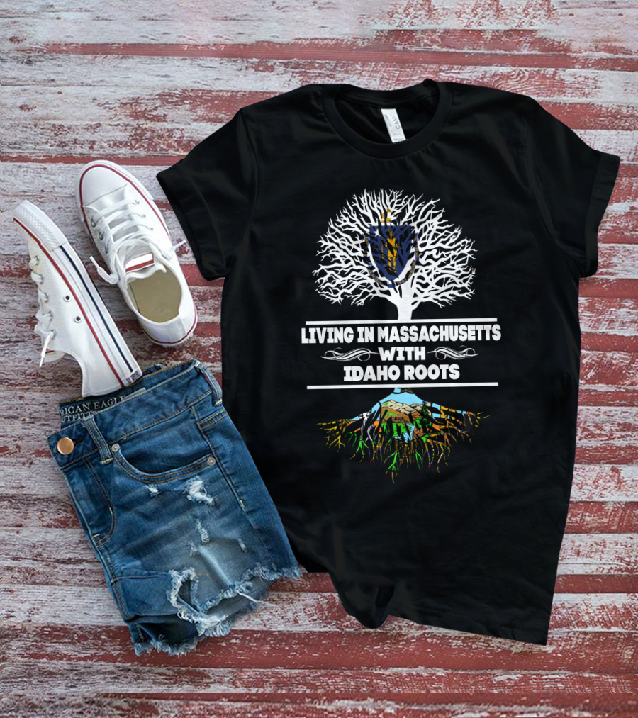 Living In Massachusetts With Idaho Roots Tree Graphic Featuring State Symbols T-Shirt
