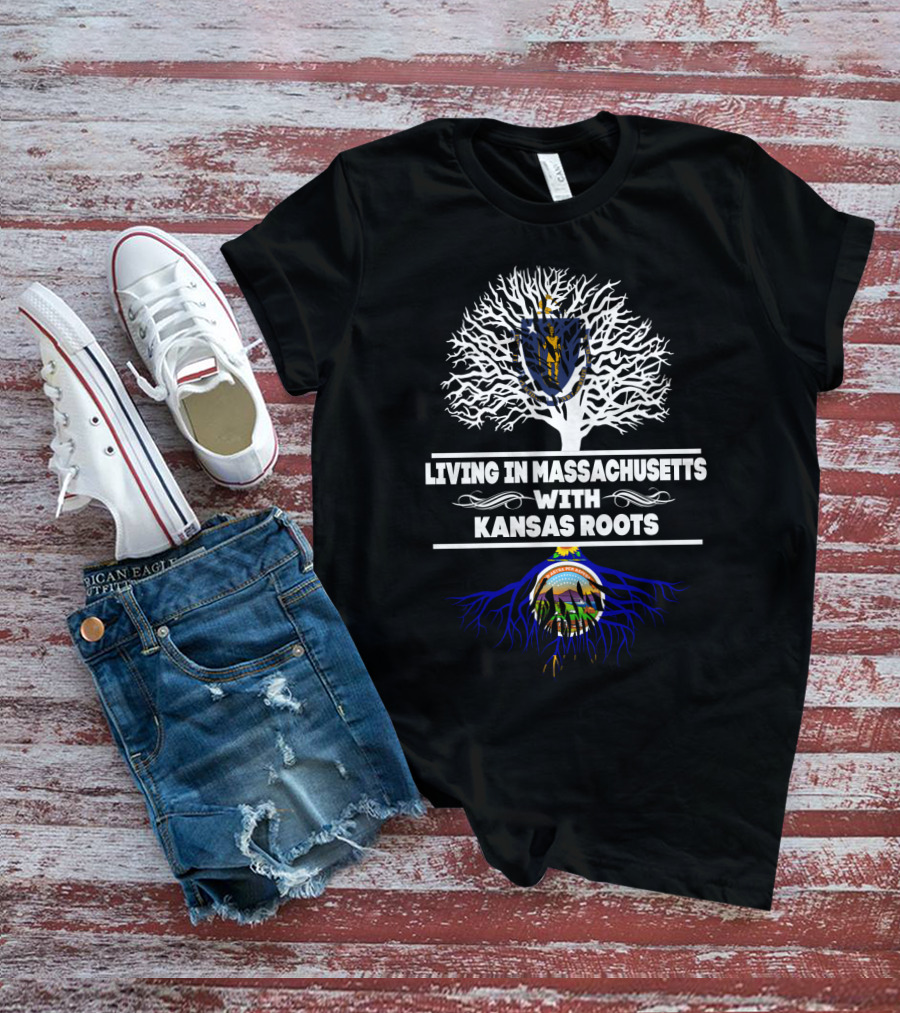 Living In Massachusetts Embracing Kansas Roots With State Crest Symbolism Tree T-Shirt