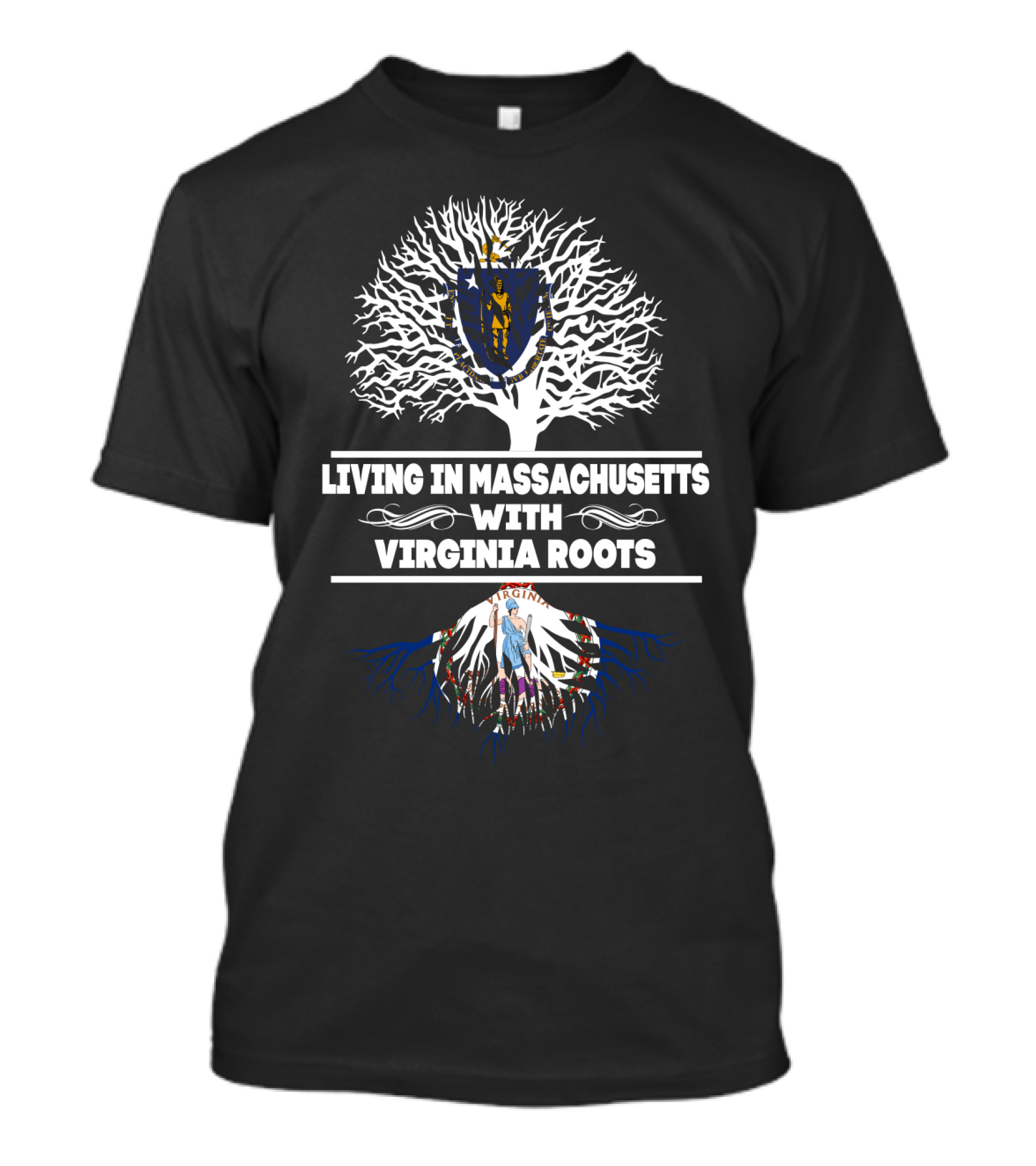 Massachusetts Living With Virginia Roots Tree Design Featuring State Symbols T-Shirt