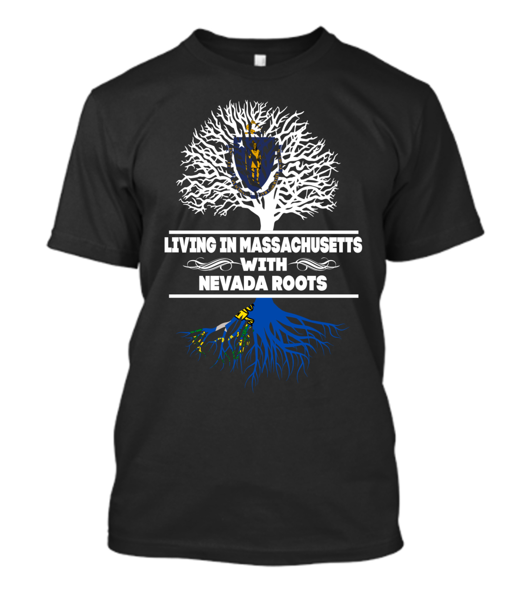Massachusetts Living Nevada Roots Tree Design With State Flag Elements T-Shirt