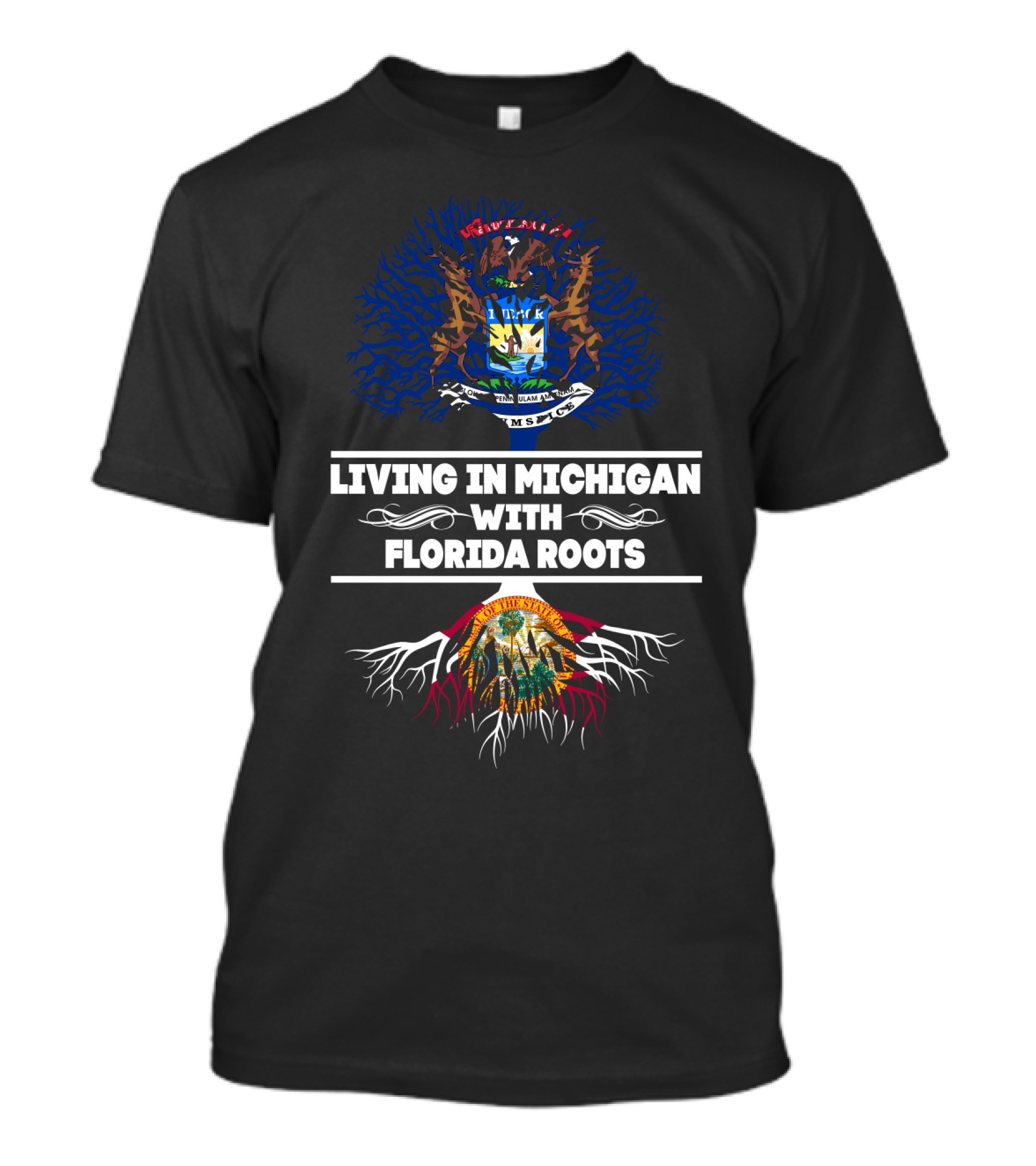 Heritage Connection: Living In Michigan With Deep Florida Roots Featuring State Seals And Symbolic Tree T-Shirt