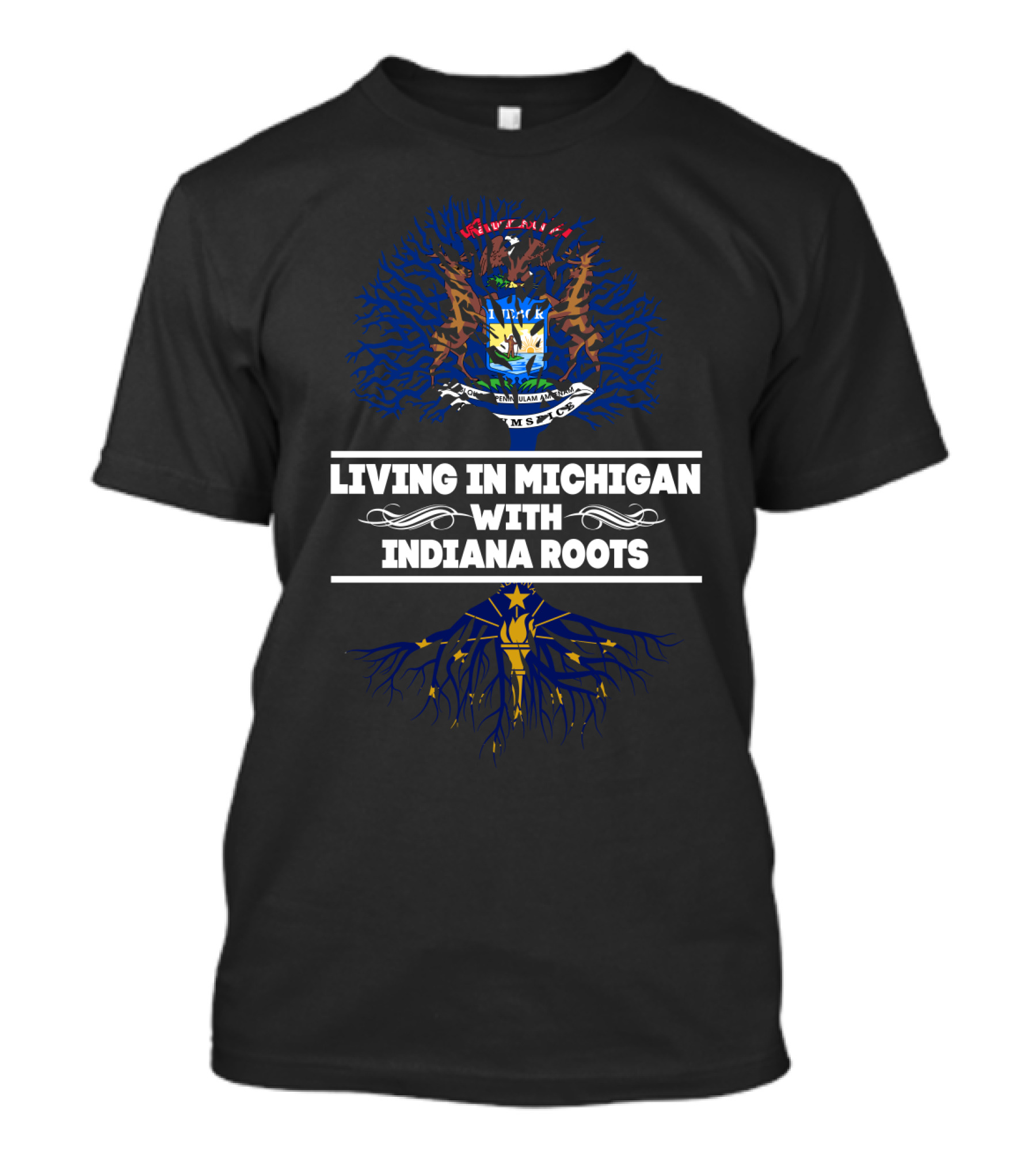 Michigan Living Indiana Heritage Tree With Union Of State Seals And Roots T-Shirt