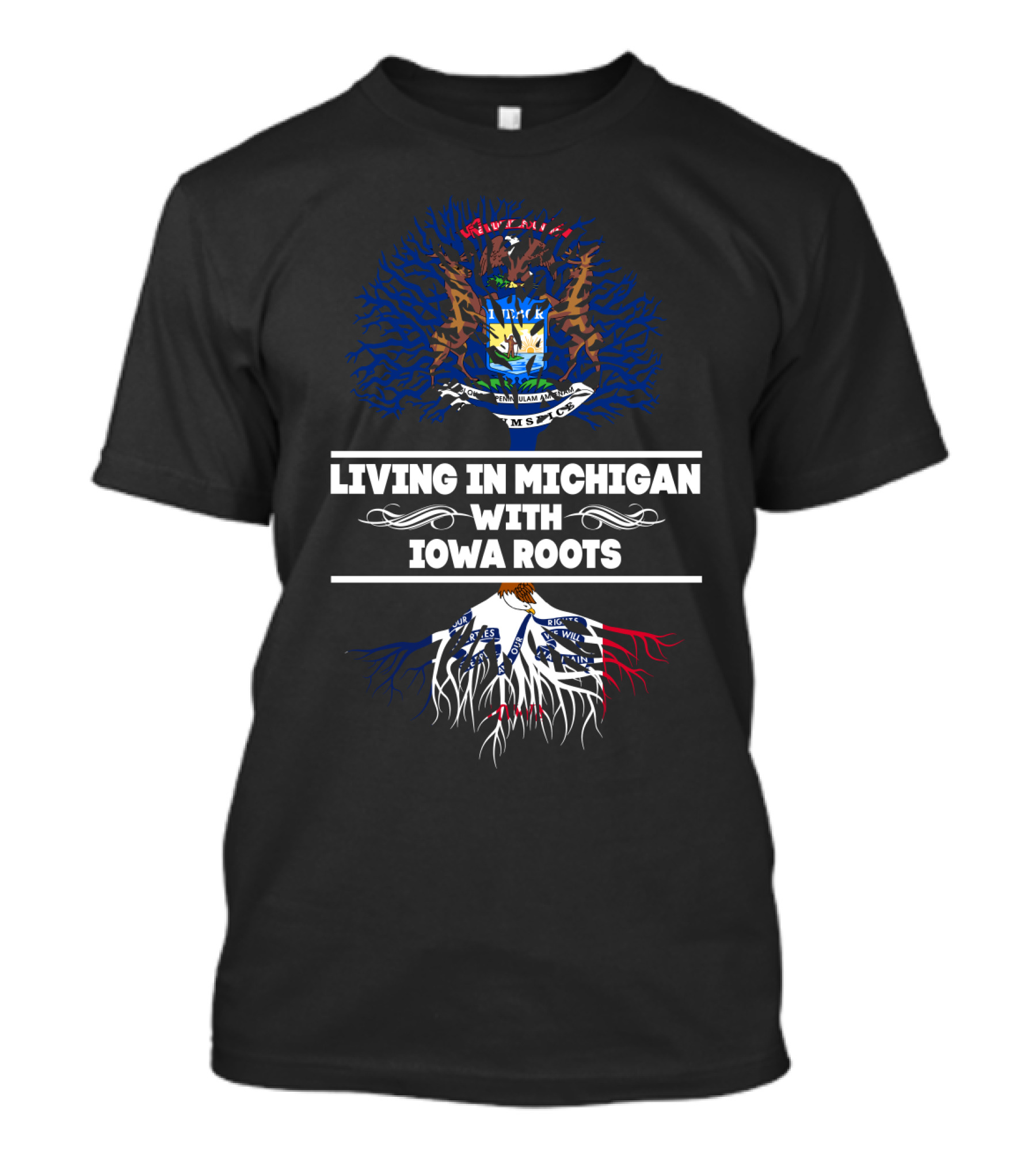 Michigan State Seal And Iowa Flag Roots Connection Emblem: Living In Michigan With Iowa Roots T-Shirt