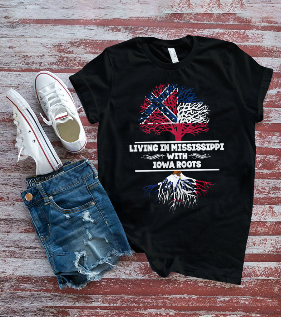 Living In Mississippi With IOWA Roots Flag-Themed Tree T-Shirt