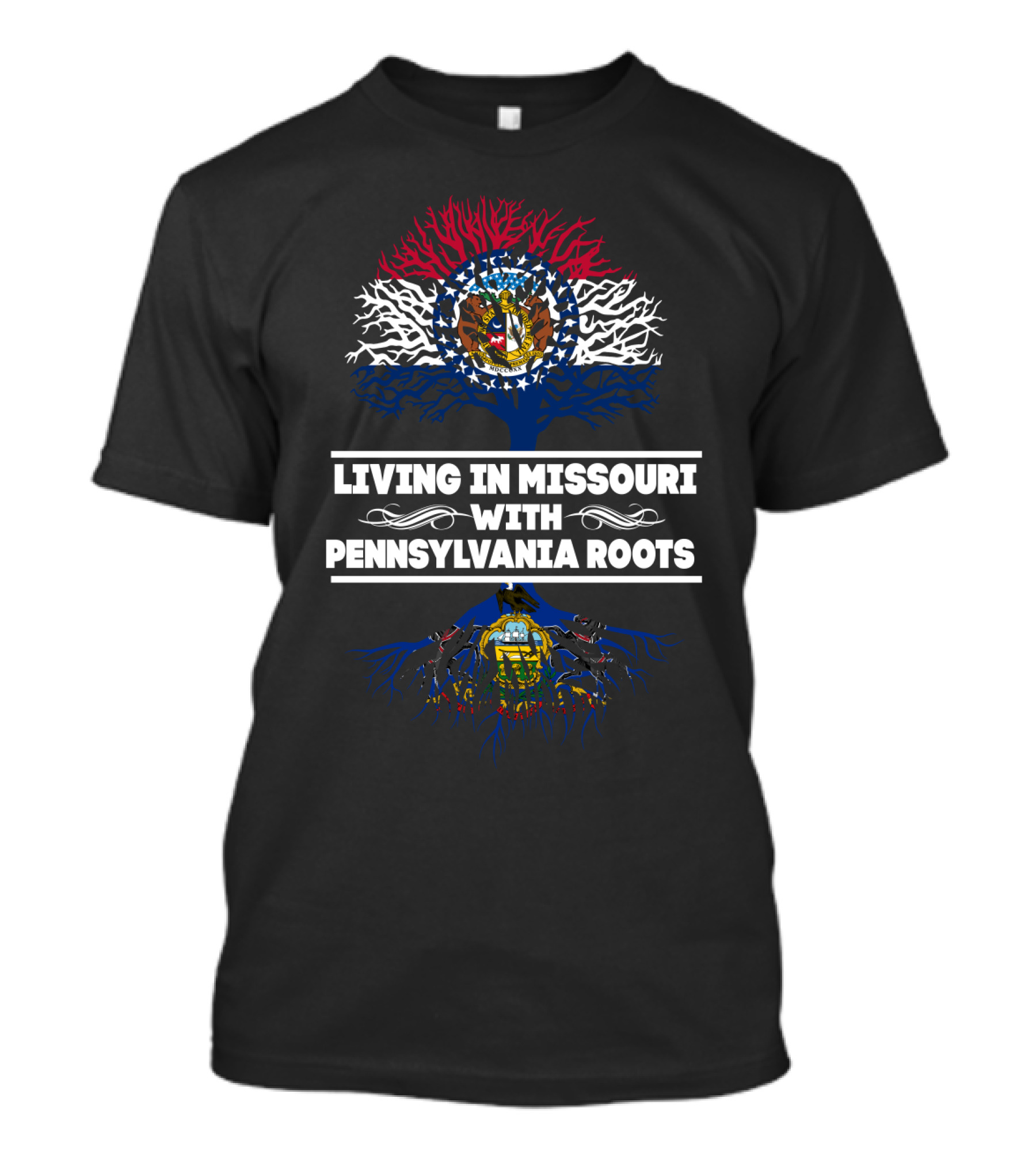 Missouri Pride With Strong Pennsylvania Heritage Featuring State Flag And Tree Roots T-Shirt
