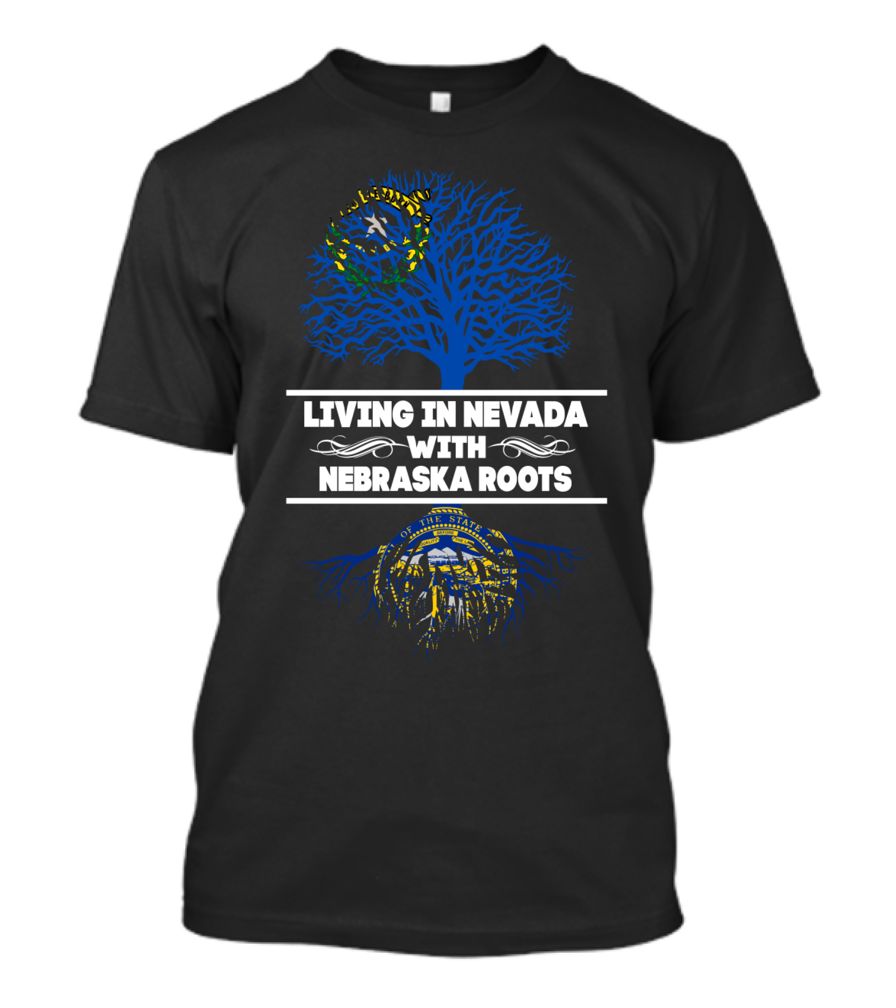 Living In Nevada With Nebraska Roots Blue Tree And State Seals T-Shirt
