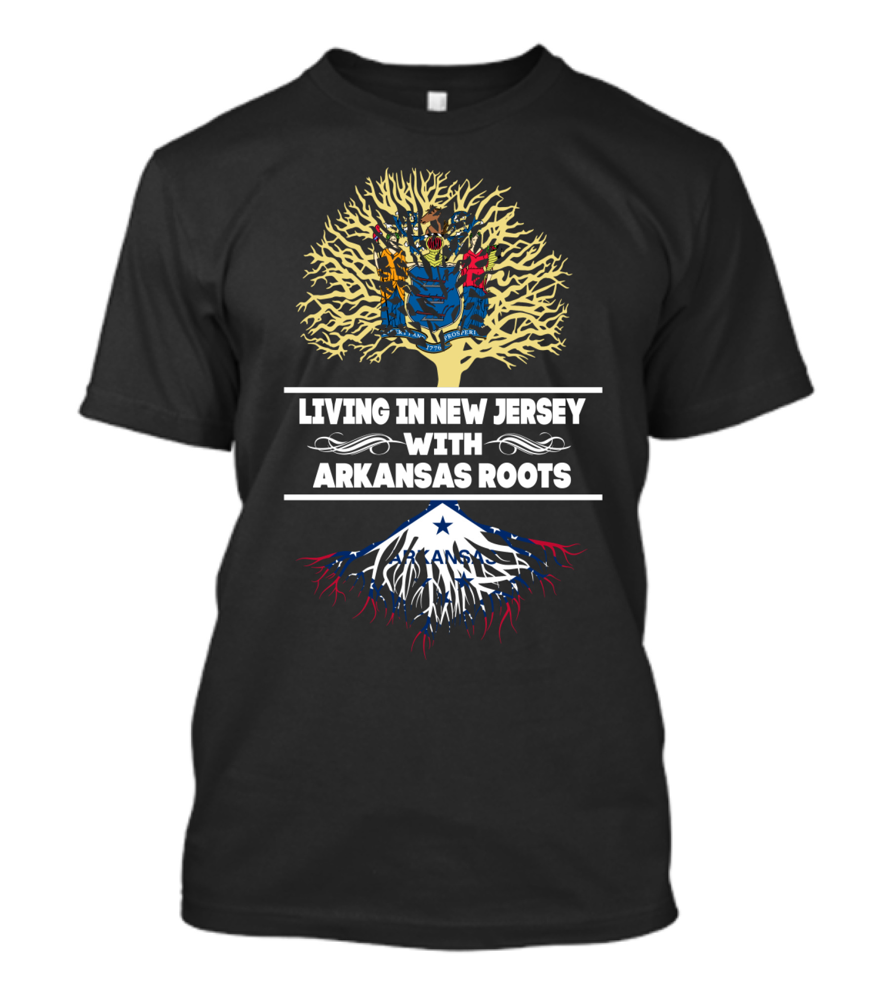 Living In New Jersey With Arkansas Roots Tree Design With State Flags T-Shirt
