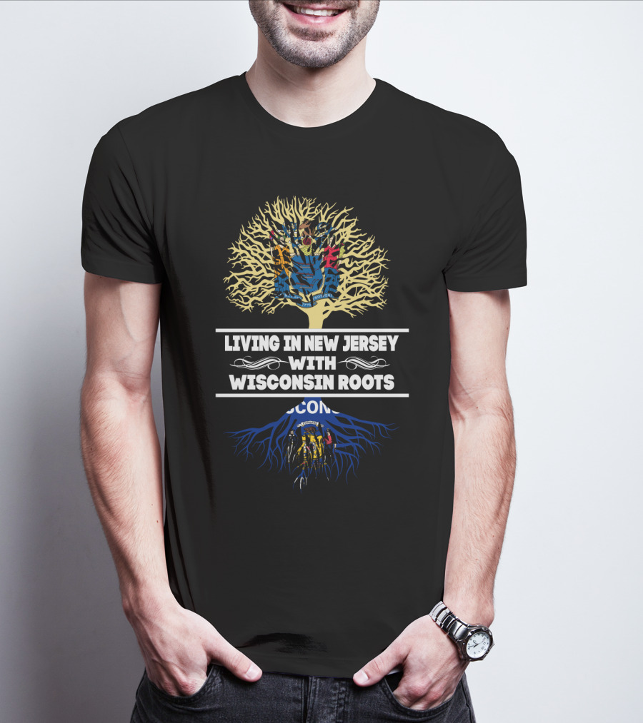 Living In New Jersey With Wisconsin Roots Tree Design With State Colors And Symbols T-Shirt