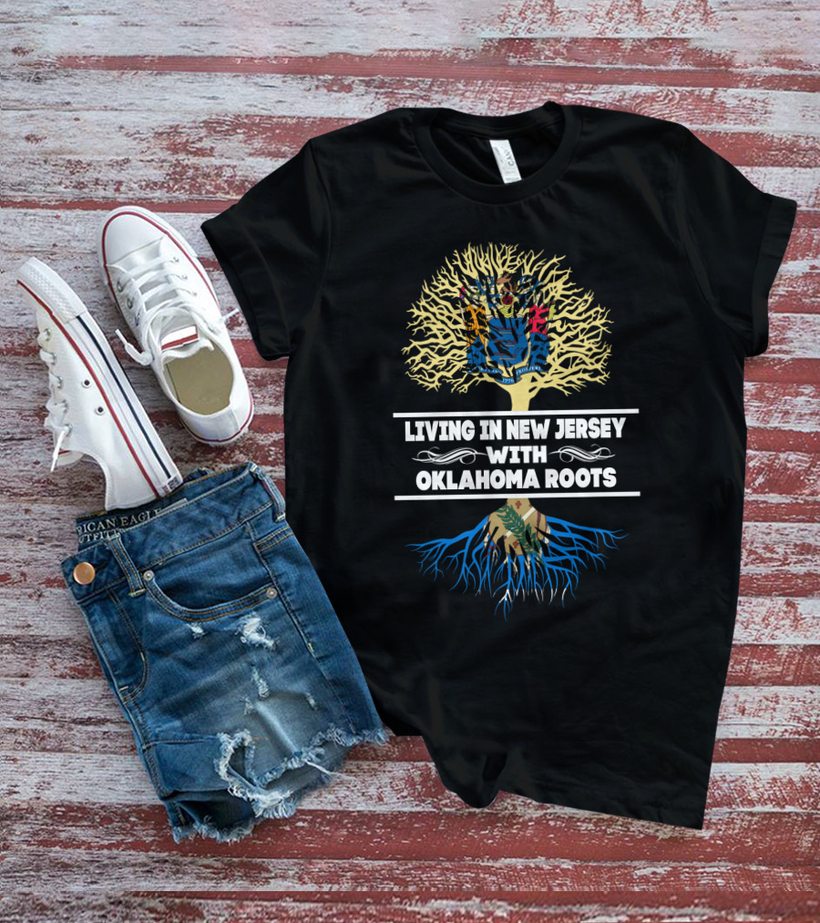 Living In New Jersey With Oklahoma Roots Tree Design Featuring State Seal Motifs T-Shirt