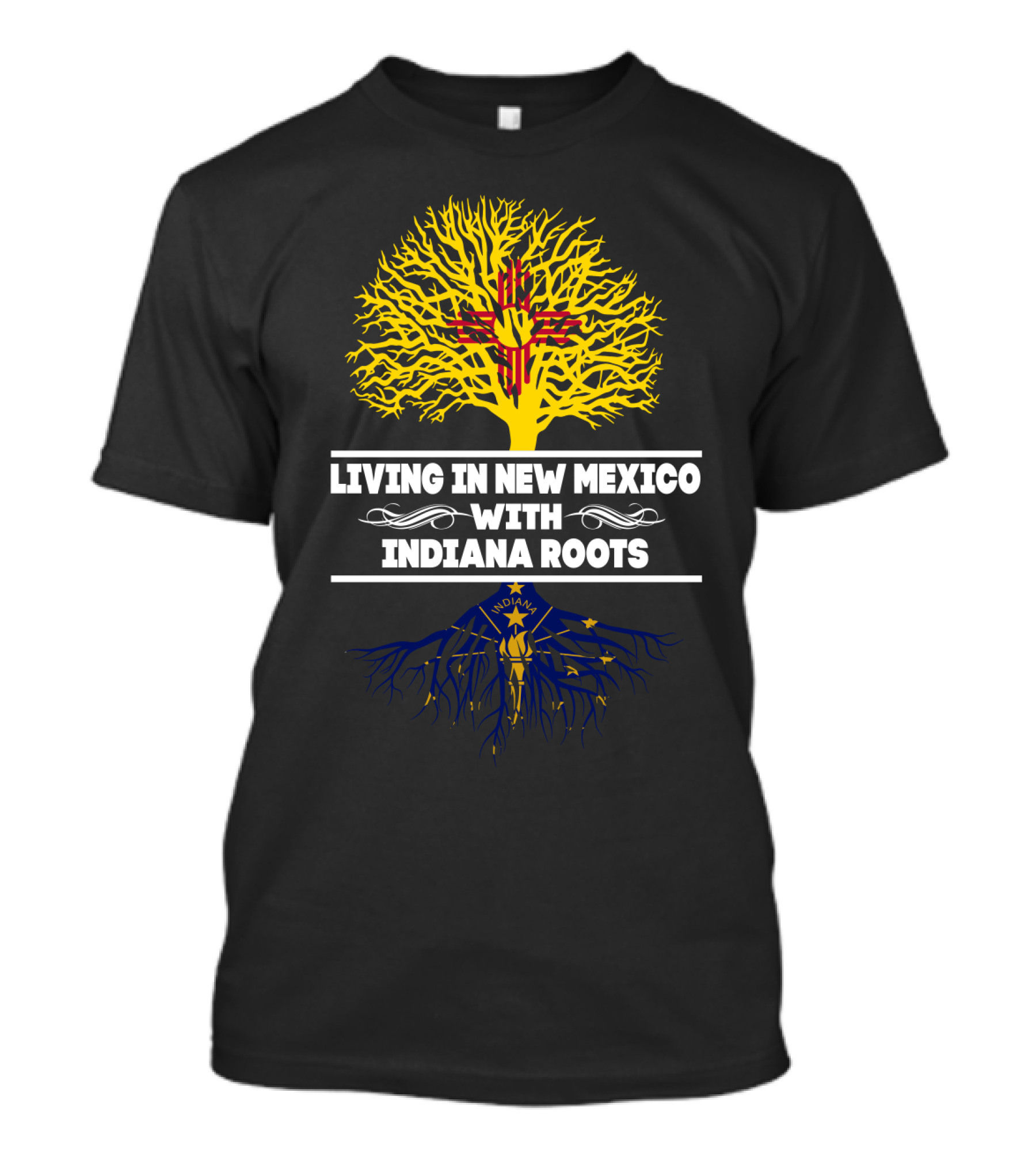 Living In New Mexico With Indiana Roots Featuring Zia Symbol And Torch Motif T-Shirt