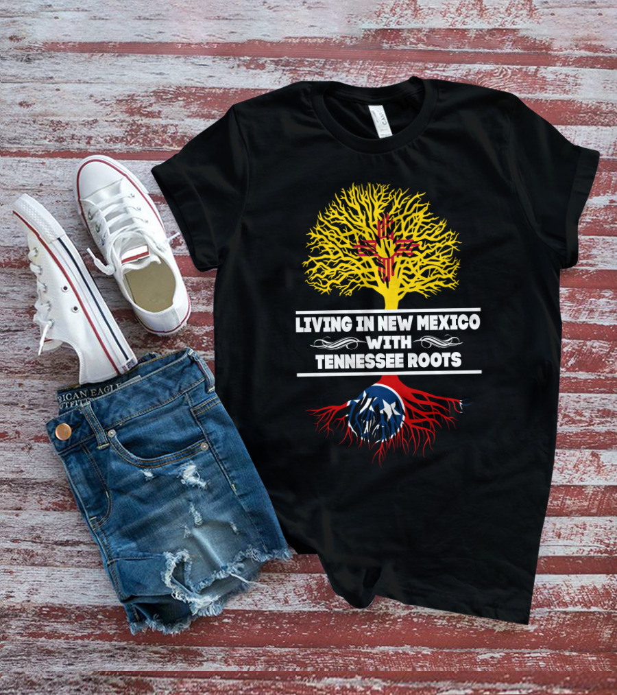 Living In New Mexico With TENNESSEE Roots Zia Symbol And Tennessee Flag Tree T-Shirt