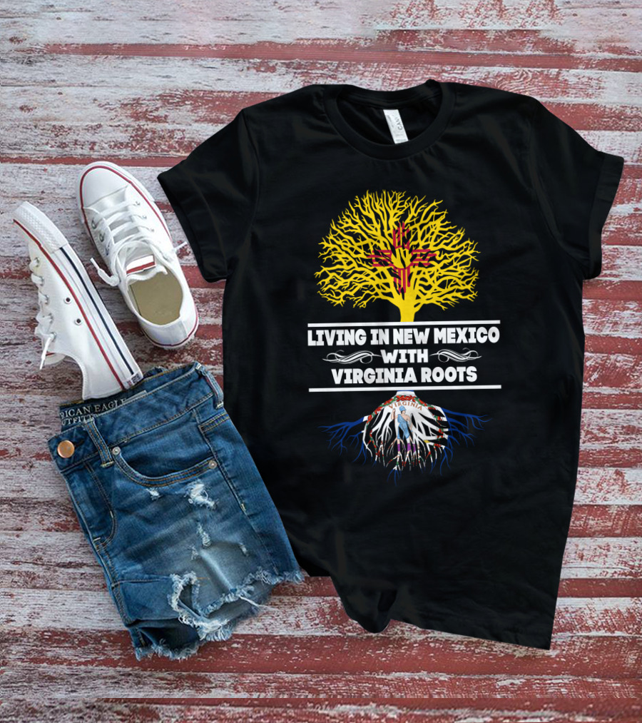 Living In New Mexico With Virginia Roots Zia Symbol Yellow Tree And Virginia Seal Roots T-Shirt