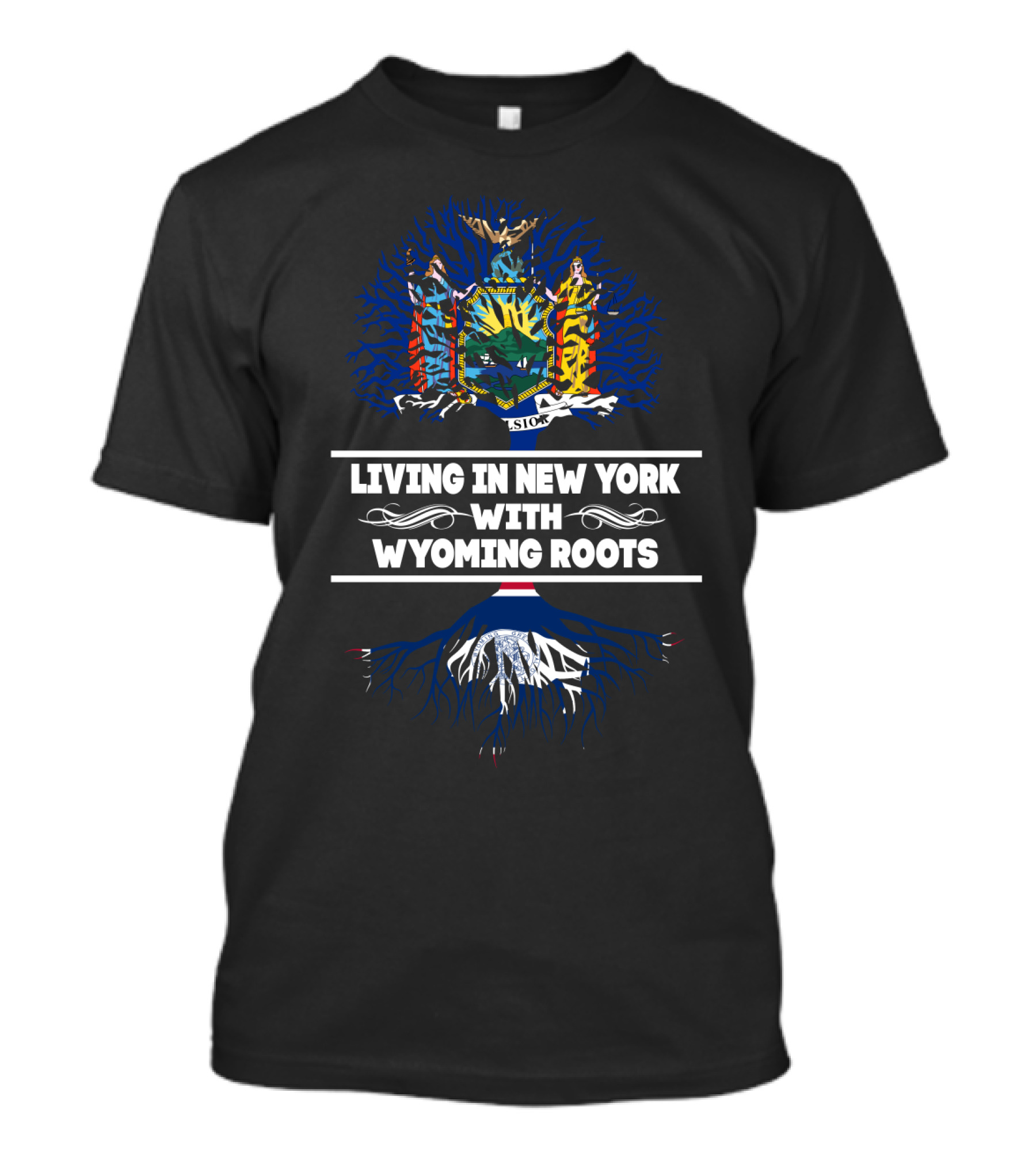 Living In New York With Wyoming Roots Tree Graphic Featuring New York State Seal T-Shirt