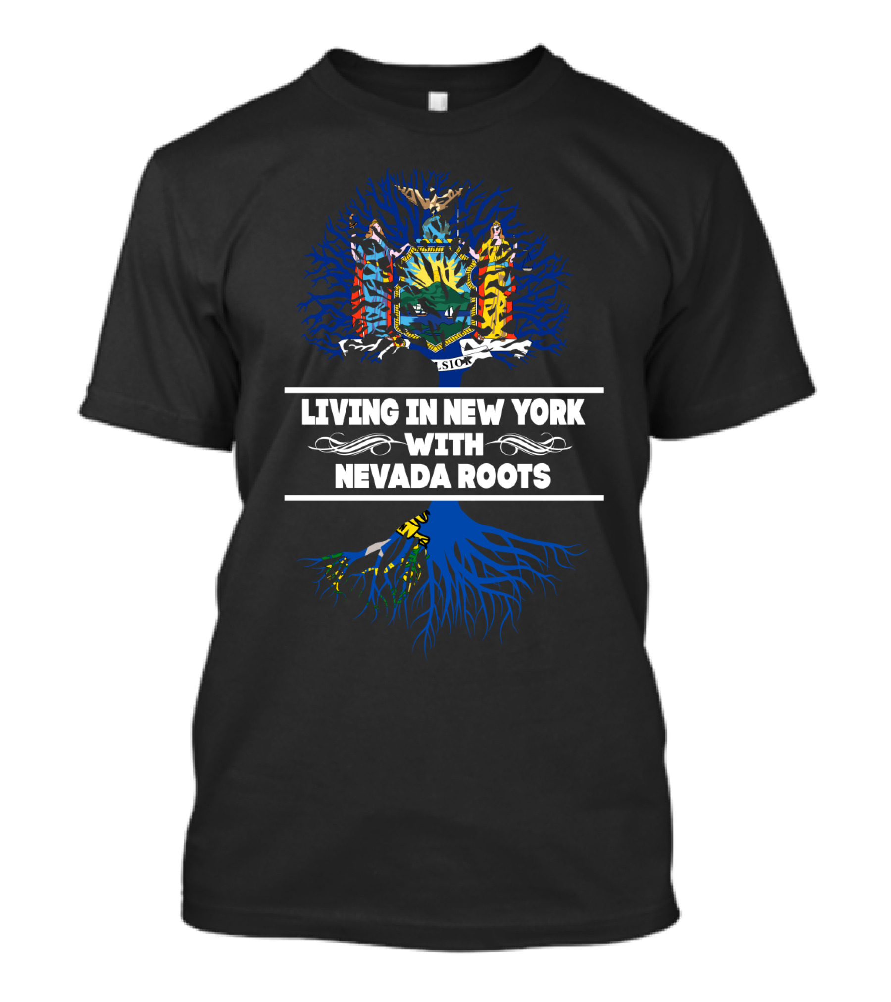 Living In New York With Nevada Roots Emphasized By State Tree Design And Blue Roots T-Shirt