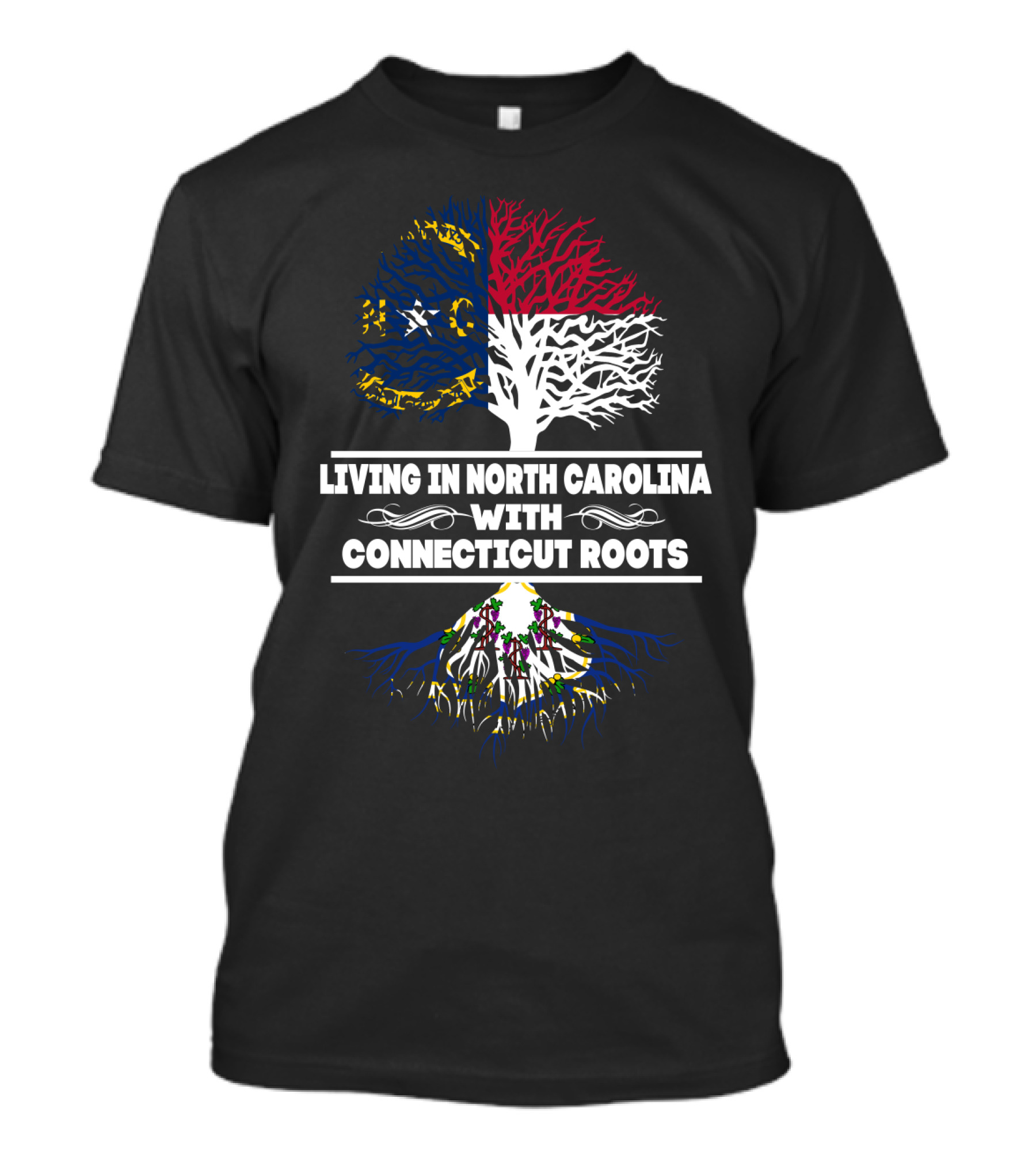 Living In North Carolina With Connecticut Roots Tree Design Featuring State Flags And Colorful Roots T-Shirt
