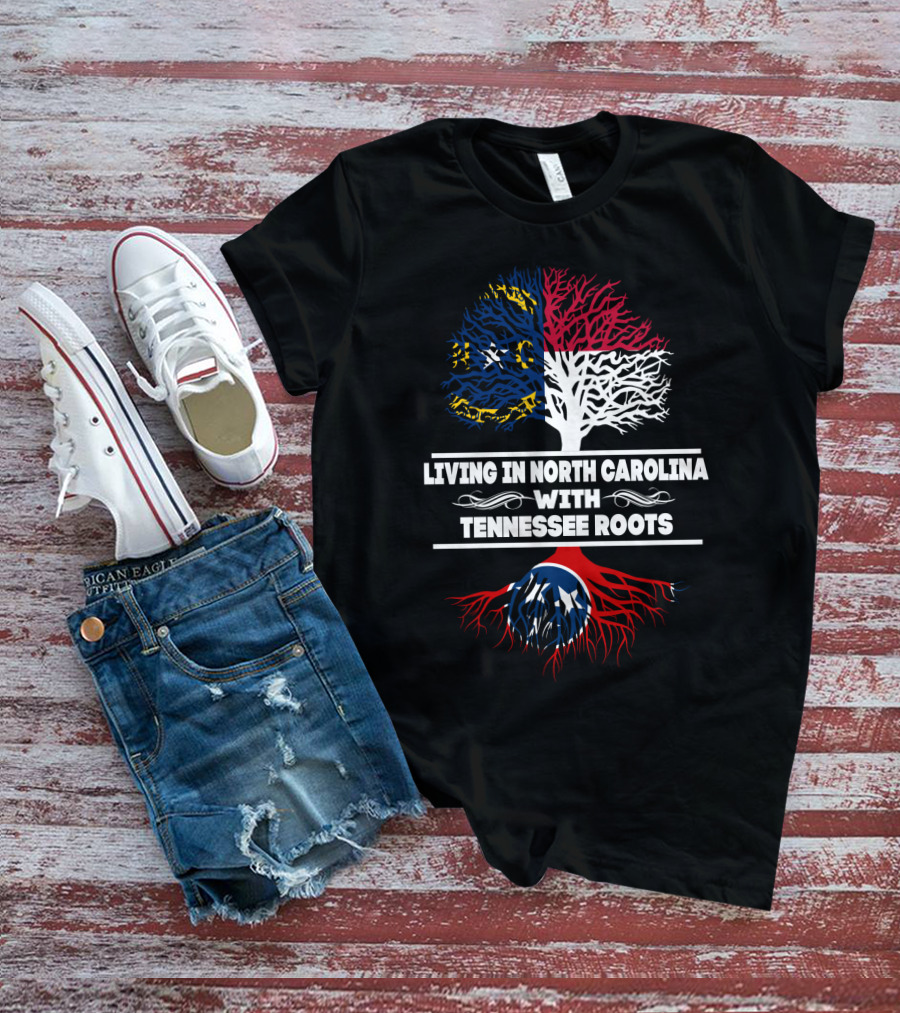 North Carolina Living With Deep Tennessee Roots Illustrated By State Flags And Tree Symbolism T-Shirt