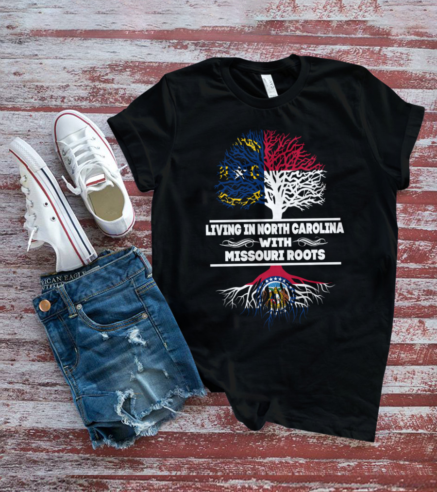 Living In North Carolina With Missouri Roots Featuring North Carolina And Missouri Flags Tree T-Shirt