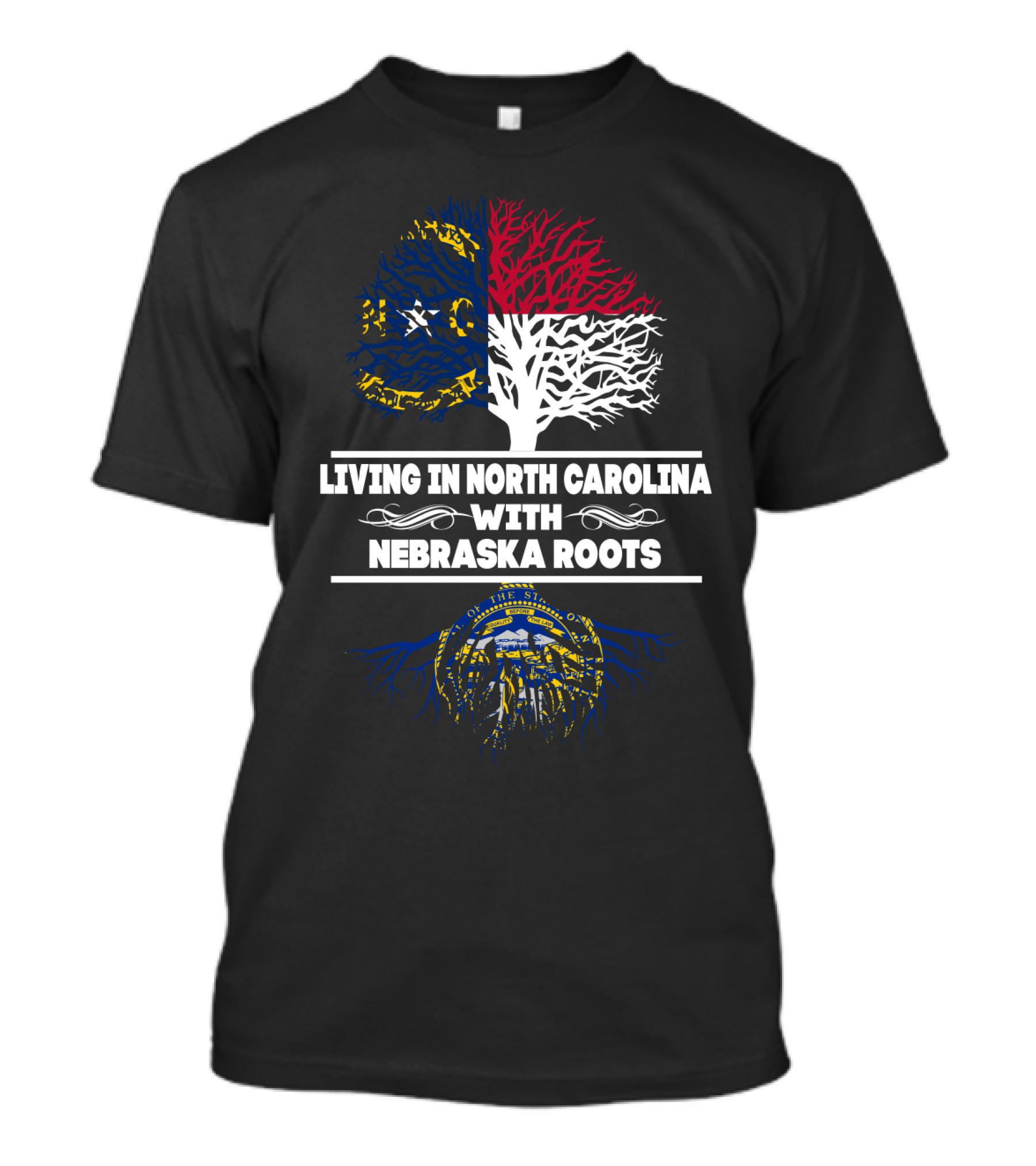 Embracing The Union: Living In North Carolina With Deep Nebraska Roots, Featuring State Flags And Symbolic Tree T-Shirt