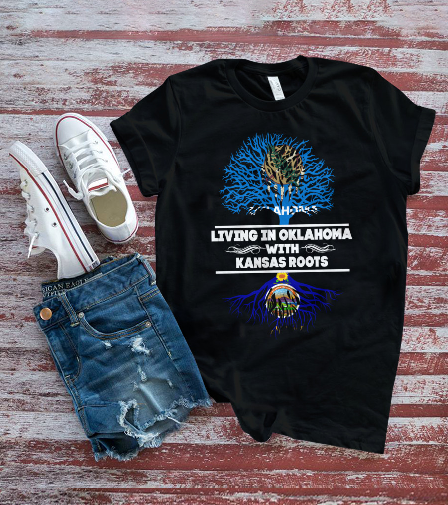 Living In Oklahoma With Kansas Roots Tree Design Featuring State Symbols T-Shirt