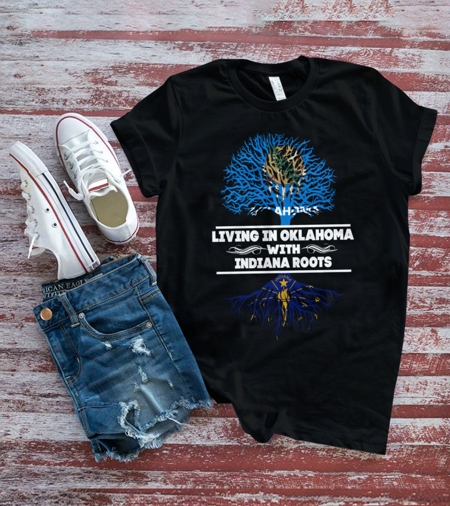 Oklahoma Living With Indiana Roots Tree Design Featuring State Symbols T-Shirt