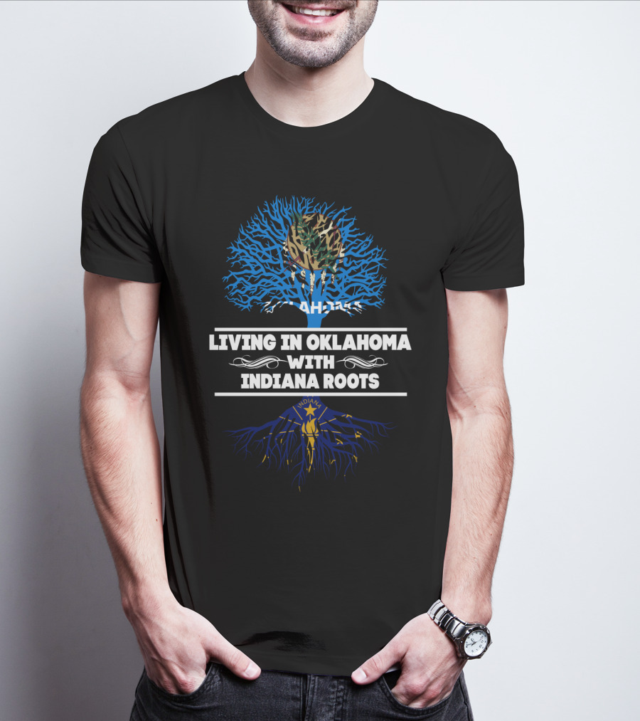 Oklahoma Living With Indiana Roots Tree Design Featuring State Symbols T-Shirt