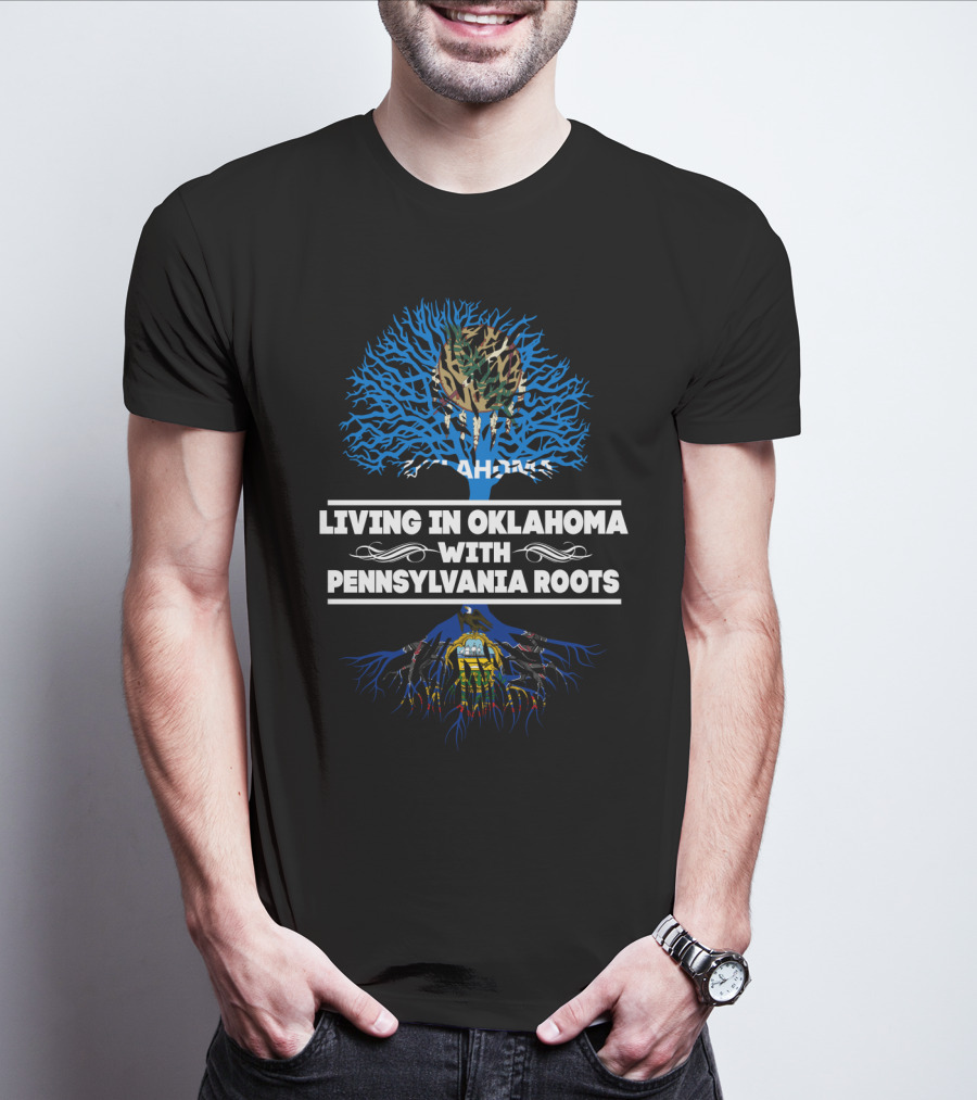 Oklahoma Living Pennsylvania Roots Blue Tree With Camo Top And Pennsylvania State Symbols T-Shirt