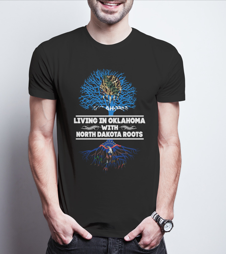 Living In Oklahoma With North Dakota Roots And Blue Tree With Bald Eagle Image T-Shirt