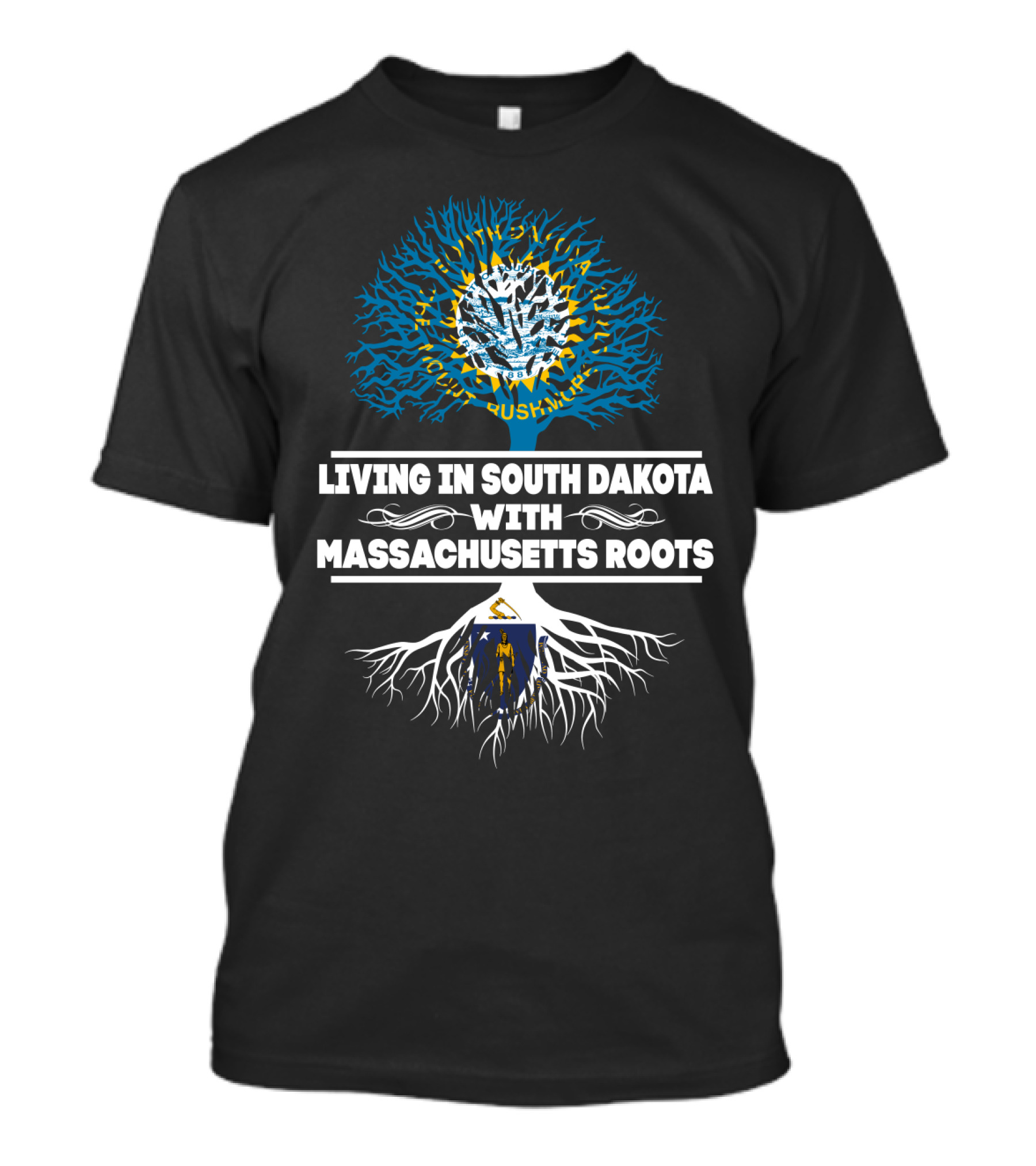 Living In South Dakota With Massachusetts Roots State Flags Tree T-Shirt