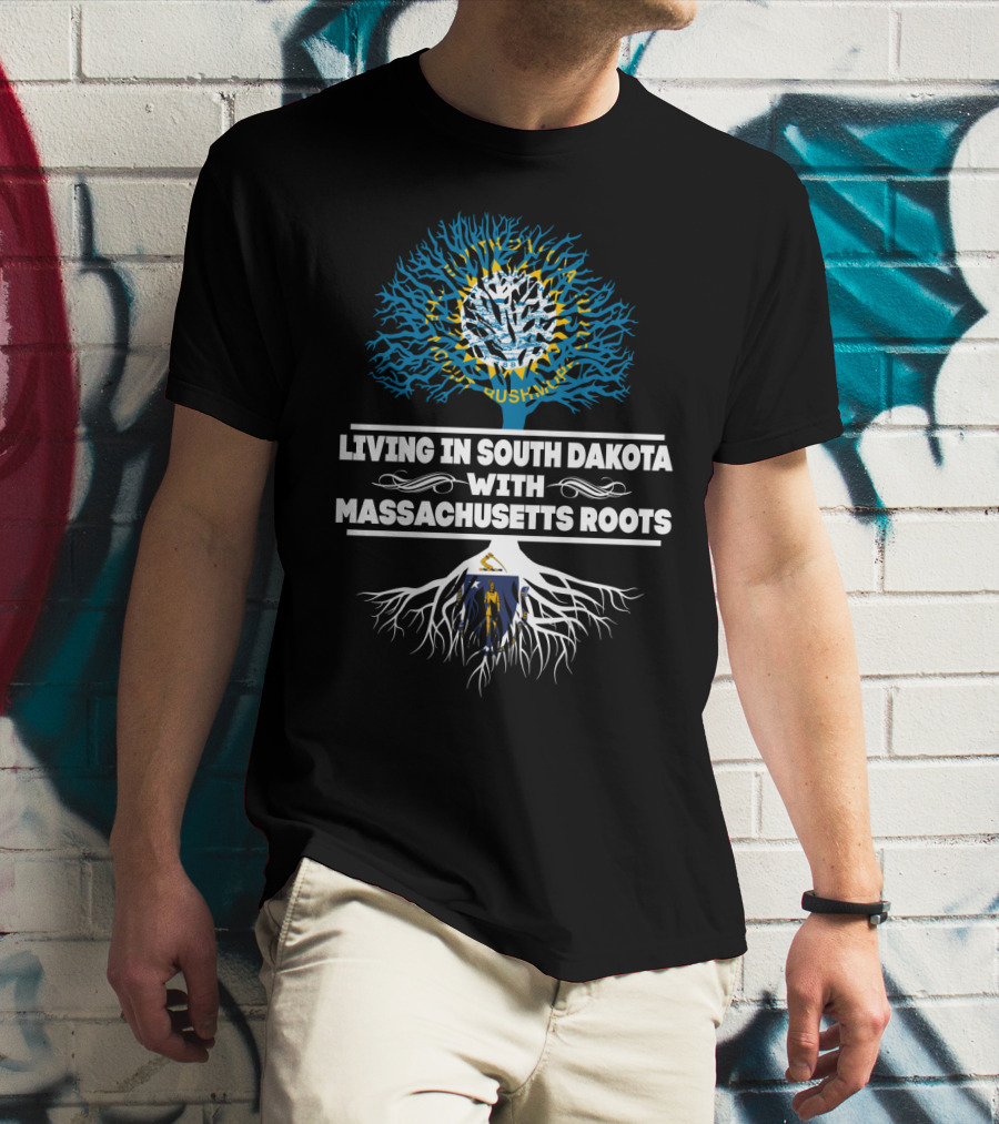 Living In South Dakota With Massachusetts Roots State Flags Tree T-Shirt