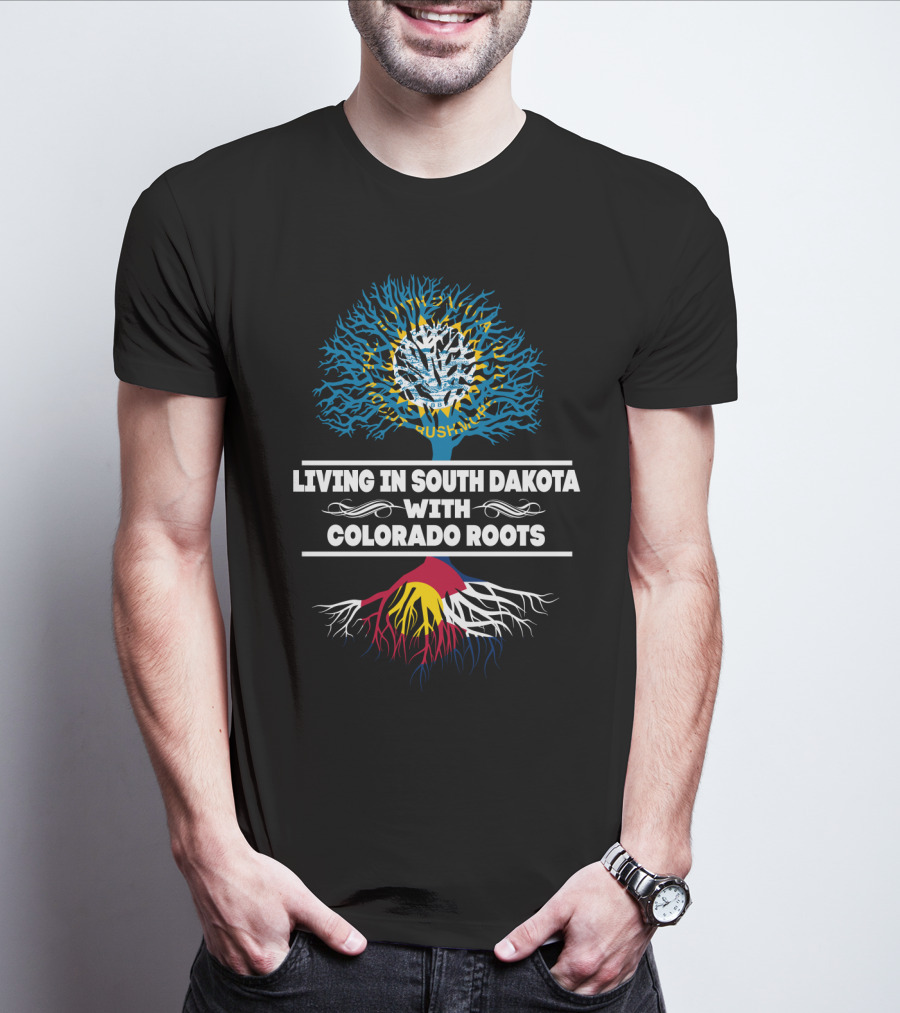 Living In South Dakota With Colorado Roots Tree With Nature Motif And Colorado Flag Colors T-Shirt