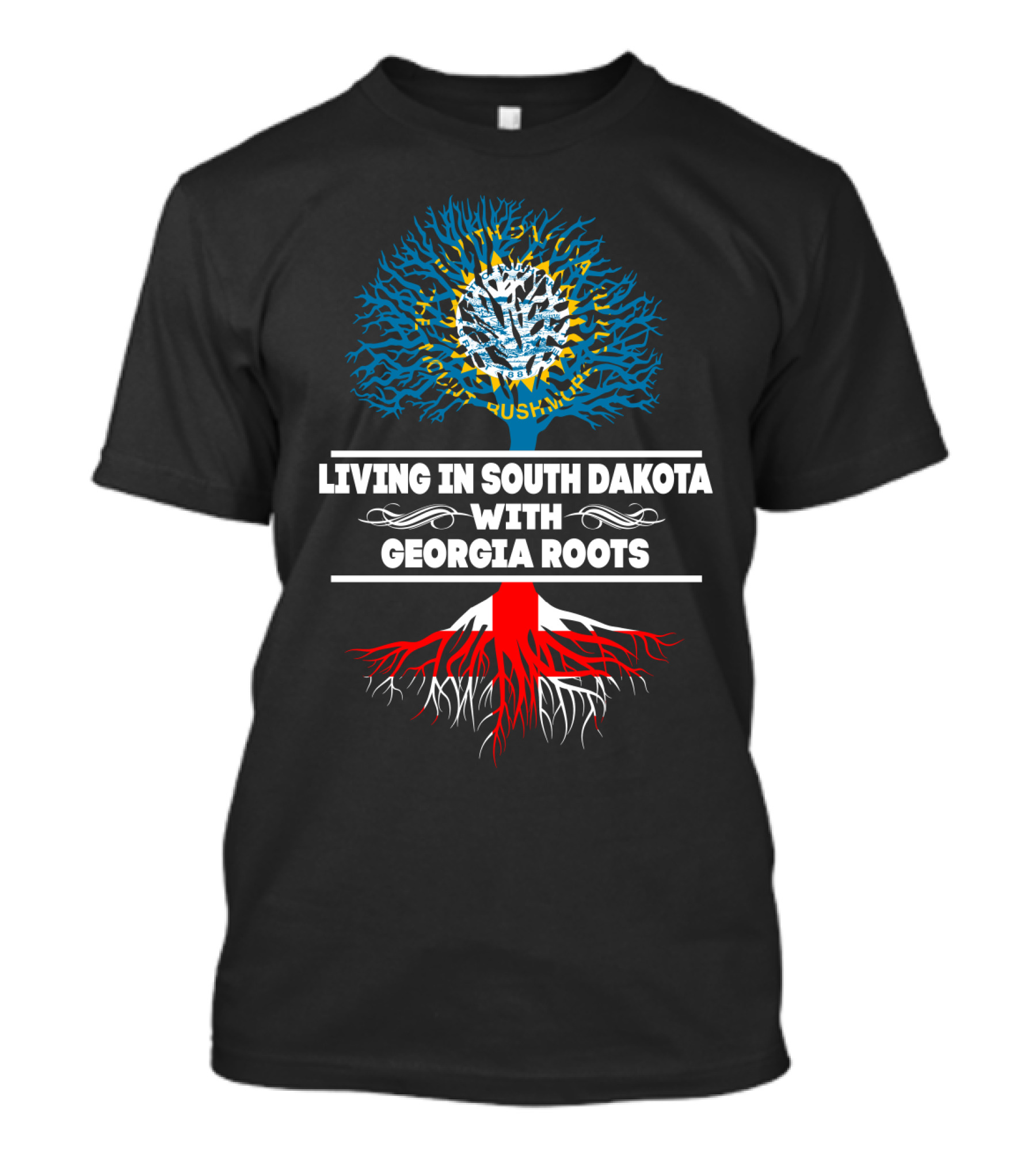 Living In South Dakota With Georgia Roots Tree Design Featuring State Flag And Roots T-Shirt