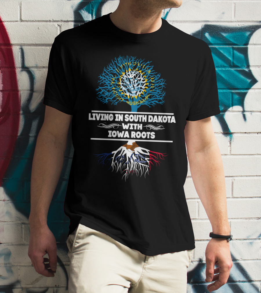 Living In South Dakota With Iowa Roots Tree Design Featuring State Flags And United States Map Elements T-Shirt